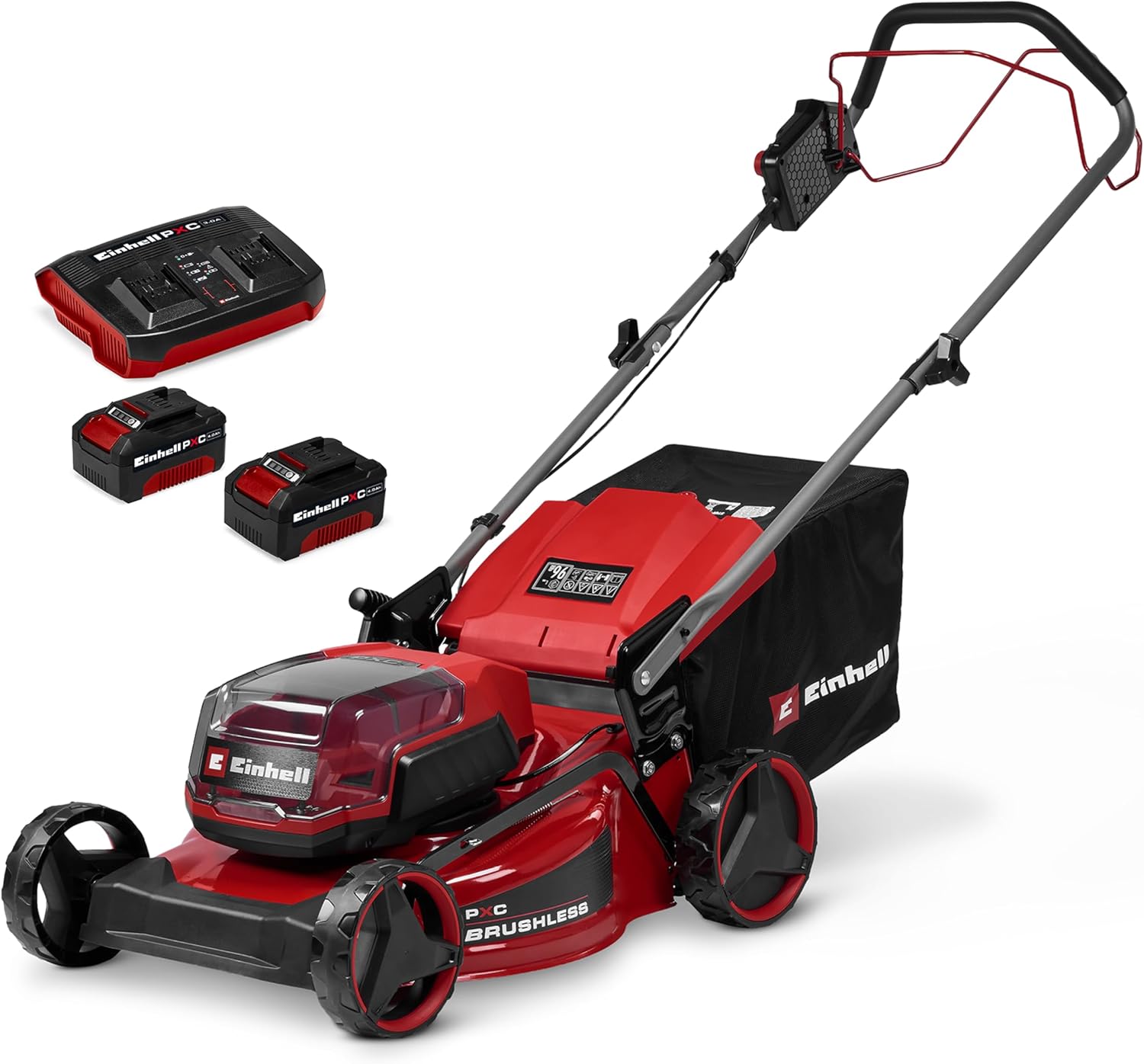 Einhell Akku-Rasenmäher, 46 cm Schnittbreite, 50 L Fangkorb, bis 500 m², 2 × 4,0 Ah + 1x Twincharger)
