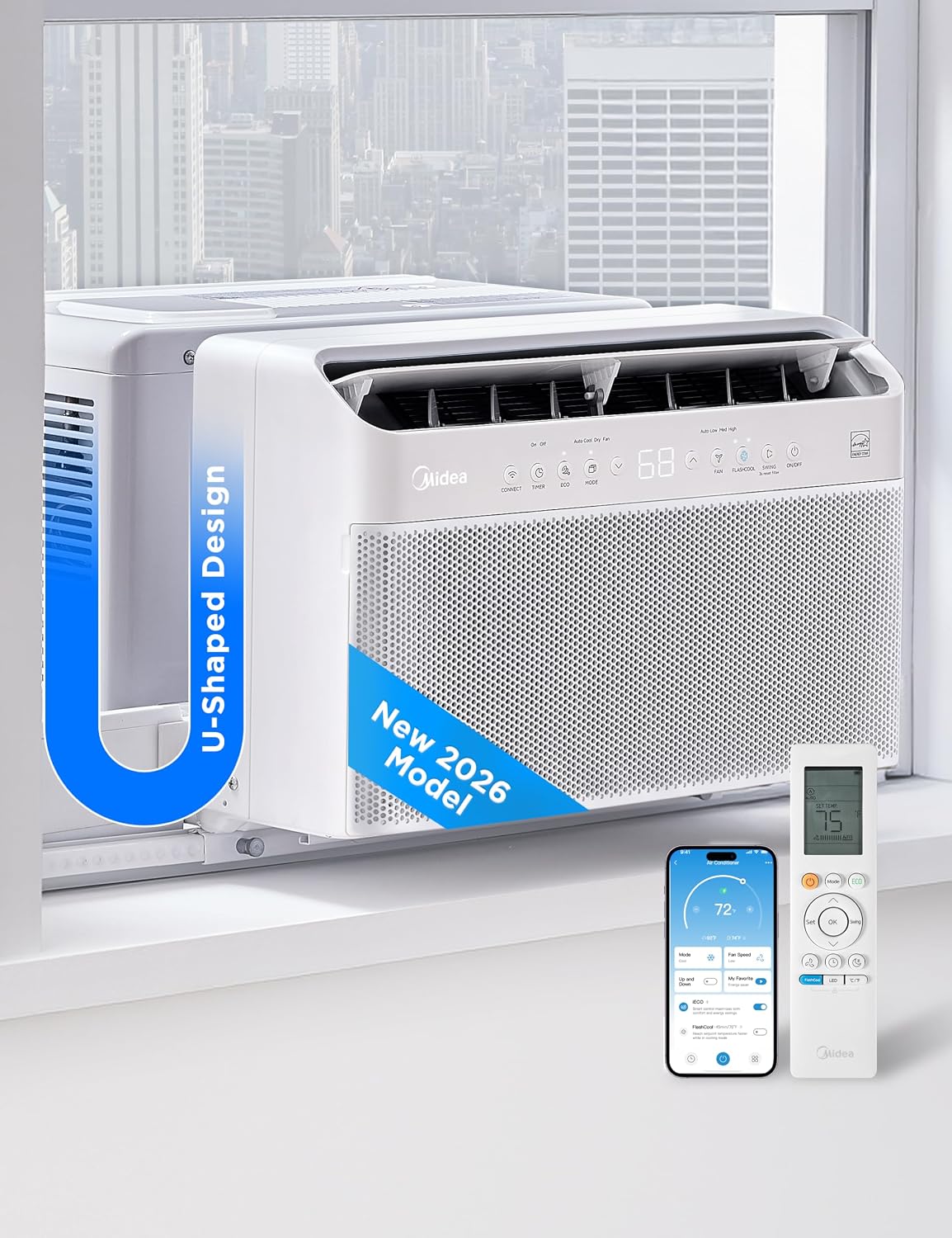 Midea 8,000 BTU U Shaped Smart Inverter Fensterklimaanlage, Inverter, Cools 350 Sq Ft, 37% Energy Savings, Remote (2026 Edition)