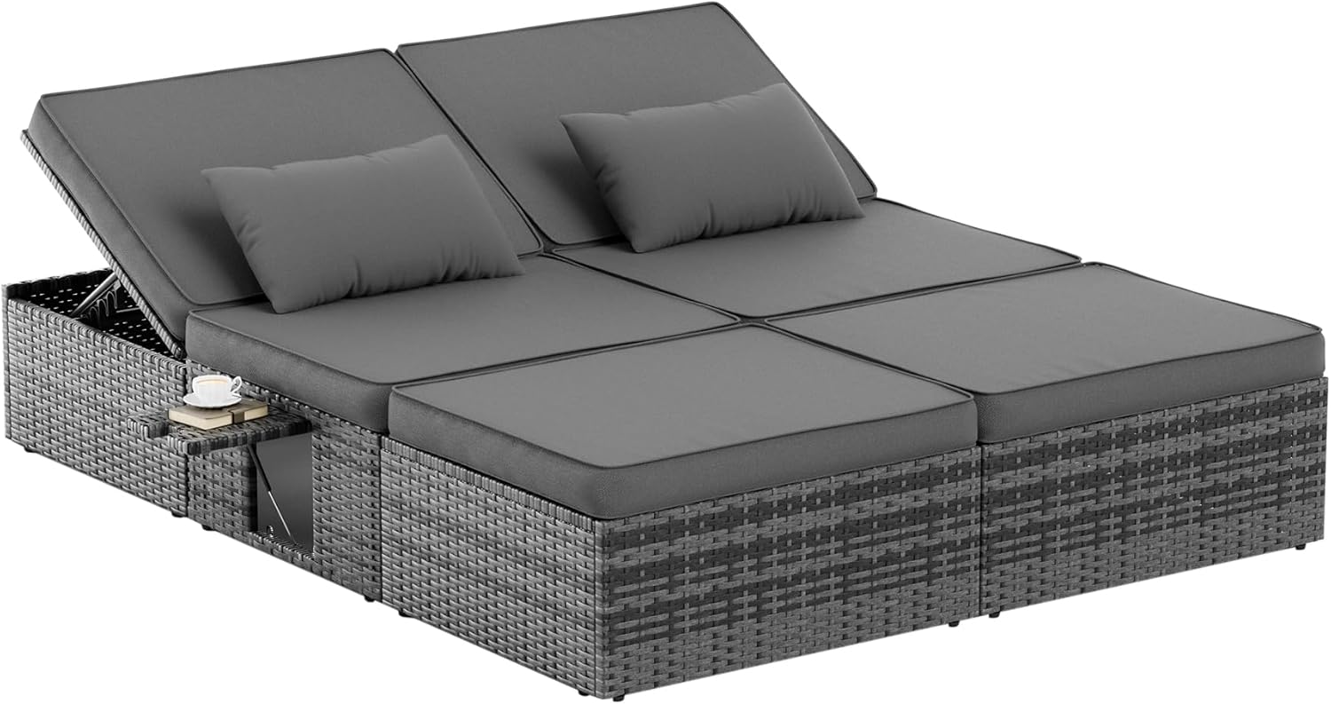 Amopatio Sonnenliege 2 Personen mit Klapptisch, XXL Wetterfest Gartenliege 200 kg Belastbar, verstellbar, wetterbeständig