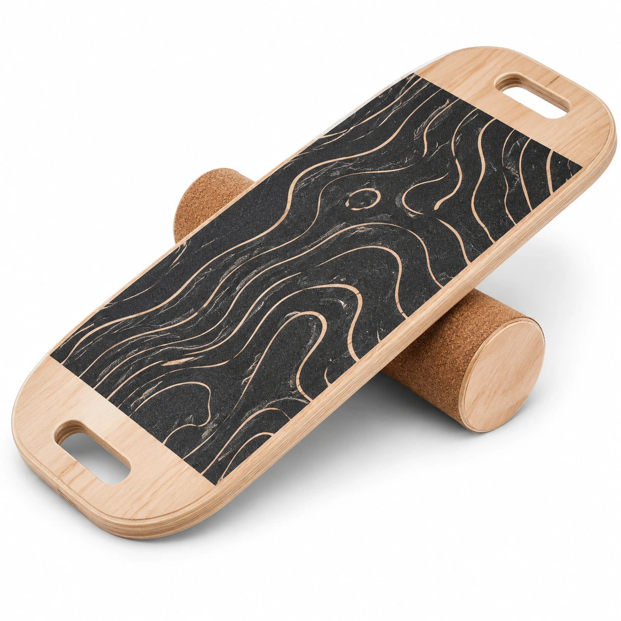 Schwarzes Balance Board mit Korkrolle und Holzgriff
