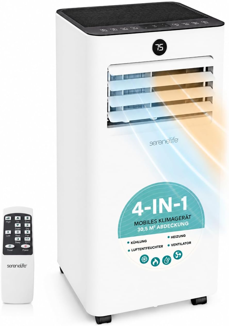 SereneLife Mobile Klimaanlage, 54 dB angenehm leise, 9000 BTU, Fensterkit und Fernbedienung, Display, 4 in 1 Kühlen, Entfeuchten und Ventilieren