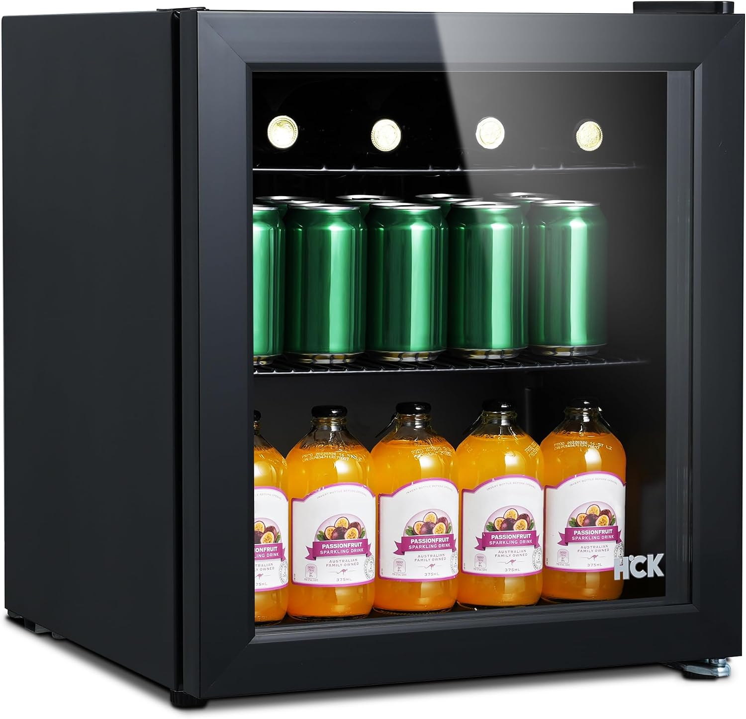 HCK 48L Mini Kühlschrank, Lautlose kleine Kühlschränke 39 dB, 42 L, LED-Beleuchtung, 0-15 C Getränkekühlschrank für Bier, 2 Ablagen, Bierkühlschrank