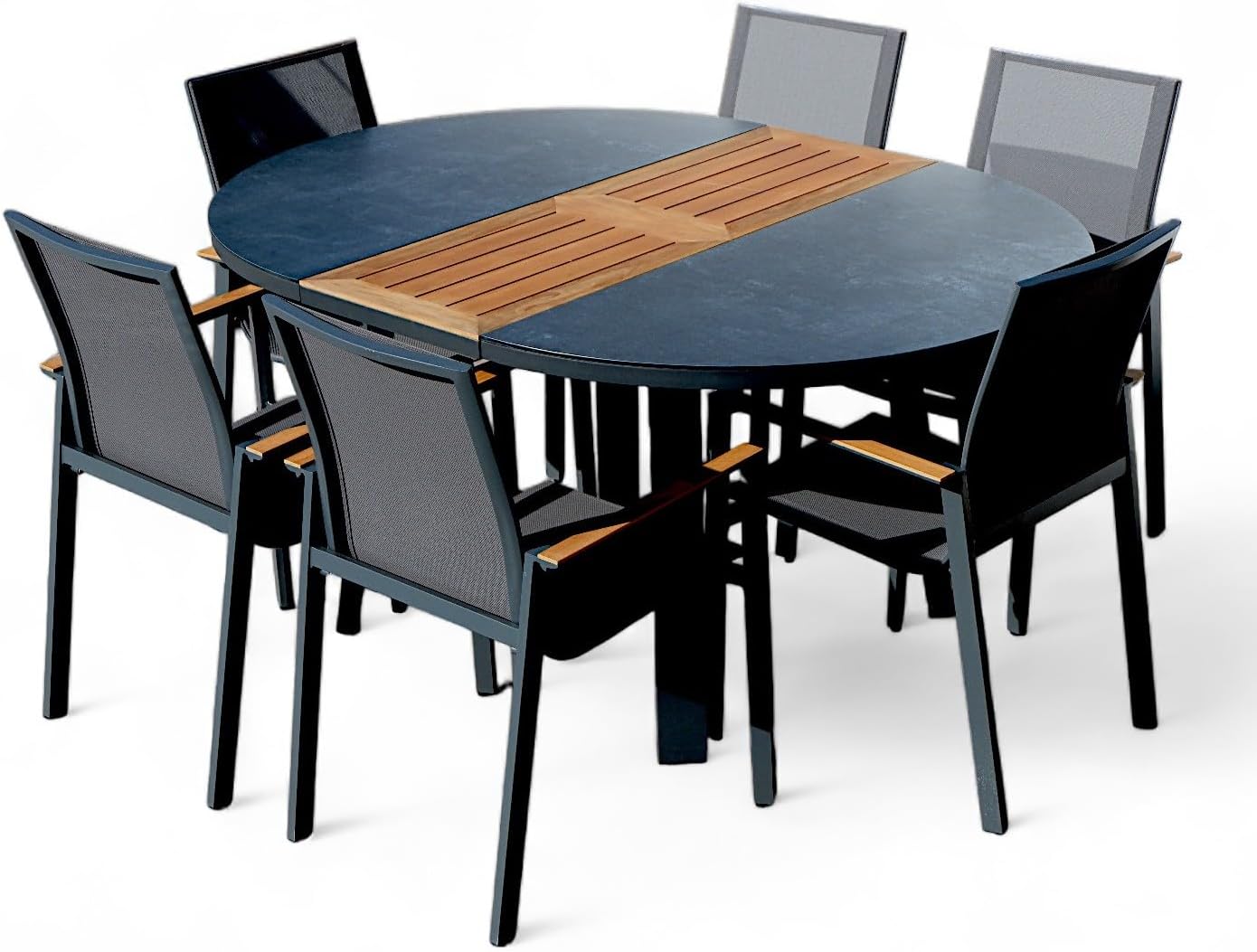 ALEOS. Gartengarnitur Gartenset Aluminium Teak Set mit rundem Ausziehtisch