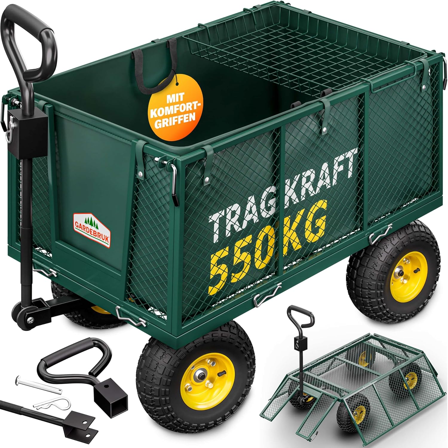 GARDEBRUK Bollerwagen 550 kg Belastbar Klappbar Stabil Herausnehmbare Plane Tisch, klappbar