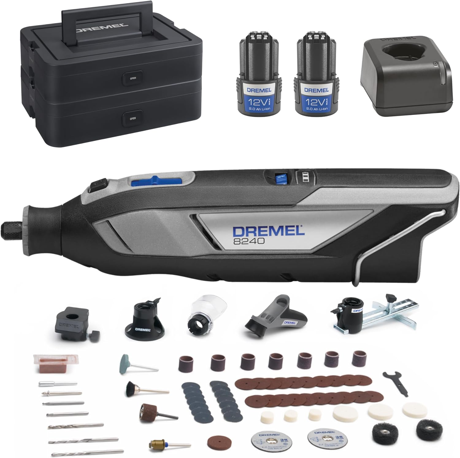 Dremel 8240 Akku-Multitool 12V 2Ah, Stauraum, Multifunktionswerkzeug Set mit 2 Akkus, 5 Auf-und Vorsätze, 1 Dremel BOX, 65 Zubehören zum Schneiden