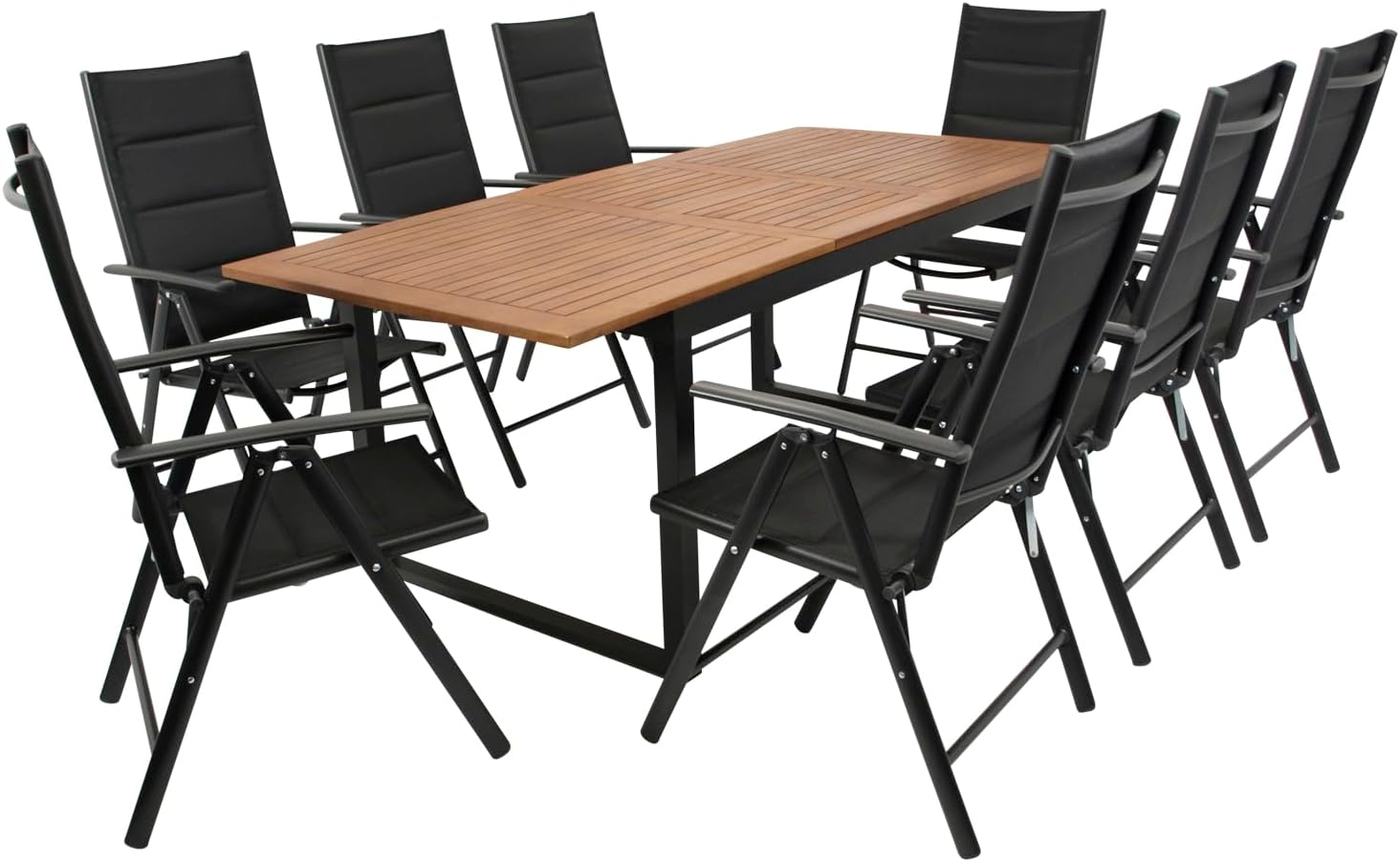 DEGAMO Gartenset Garnitur RIVELLO 9-teilig (8X Klappsessel, 1x Ausziehtisch 150/200 × 90 cm), klappbar, wetterbeständig