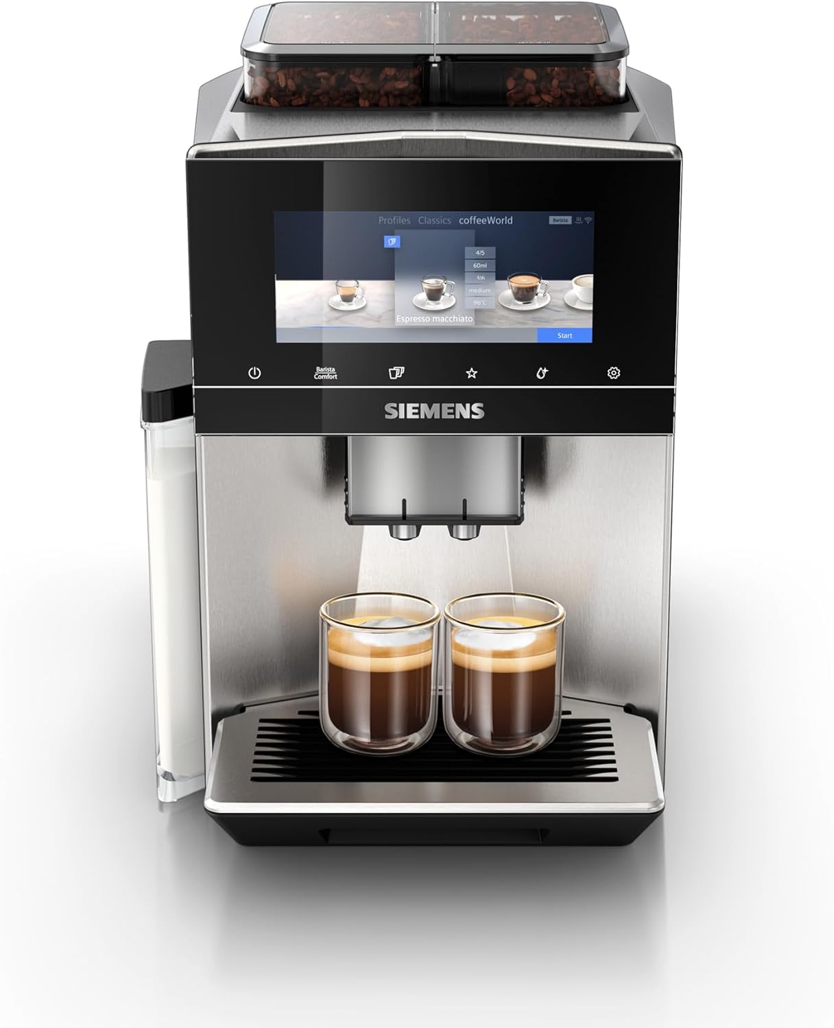 Siemens Kaffeevollautomat, großes farbiges TFT-Display, Steuerung per App, App-Steuerung, Edelstahl, 2 Bohnenbehälter, 36 Heiß- und Kaltgetränke