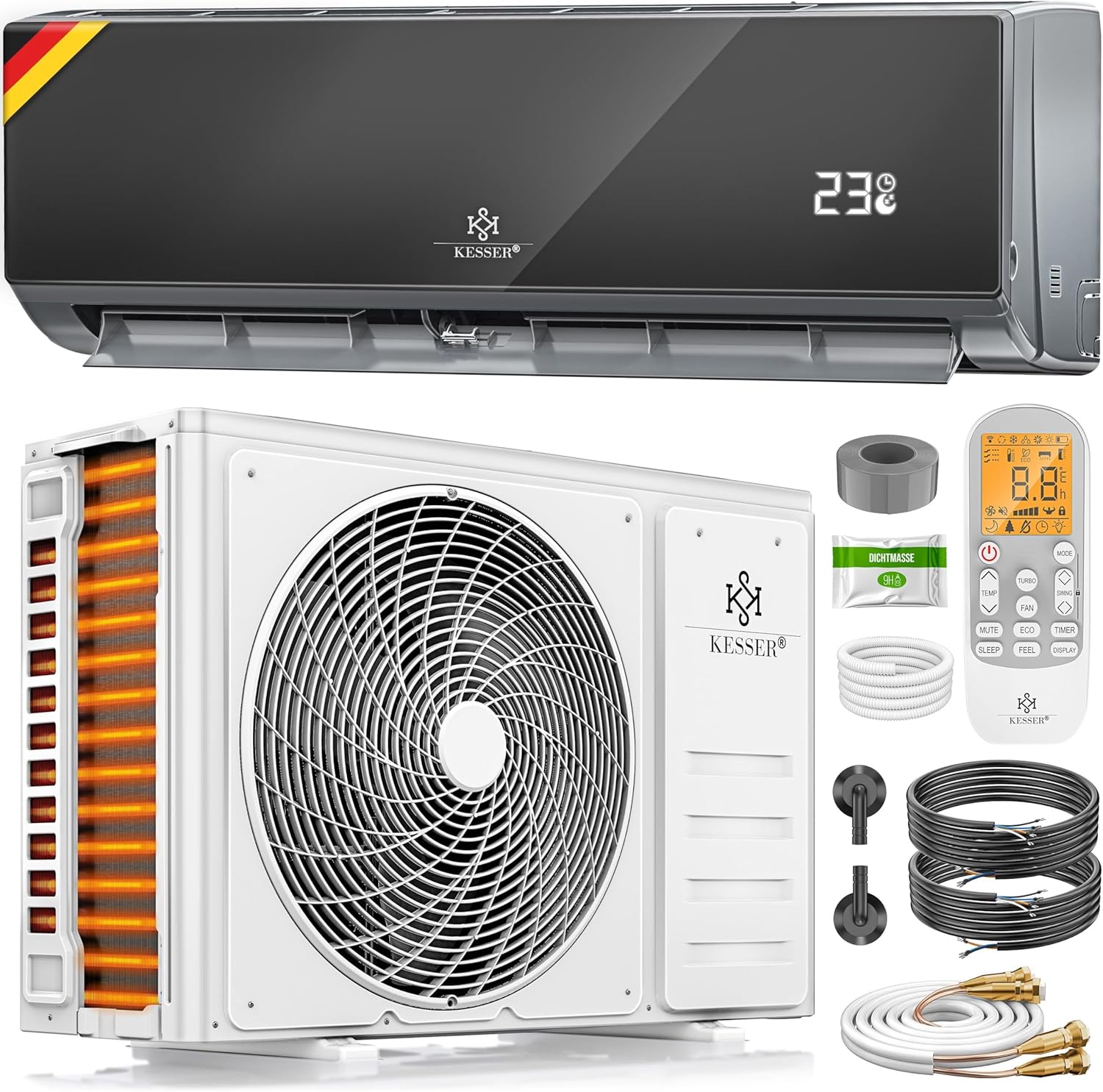 KESSER Split Klimaanlage, Kupferleitung 12000 BTU 3,4 kW Kältemittel R32 Inkl. Montagematerial, 9000 BTU, App-Steuerung, Oszillation