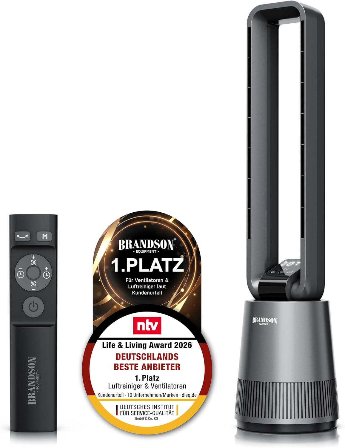 Brandson - Turmventilator, Fernbedienung, Oszillation, Timer, Display, Sieger Ventilatoren und Luftkühler 2026, 3 Modi