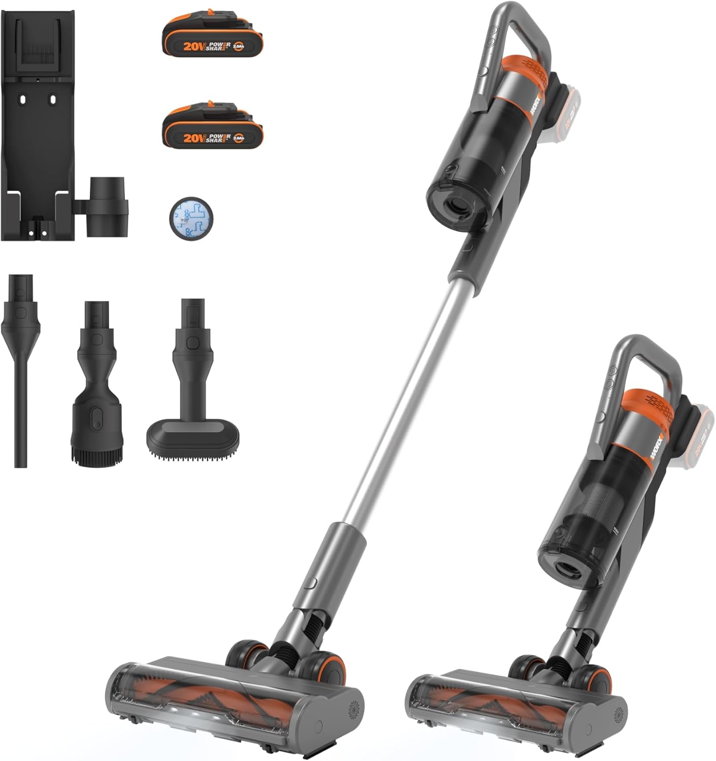 WORX 20V Akku Staubsauger, 25Kpa Handstaubsauger kabellos, 45min Lange Laufzeit, 2 PowerShare Akkus und Wandhalterung Doppelladegerät, (2) 20V 2