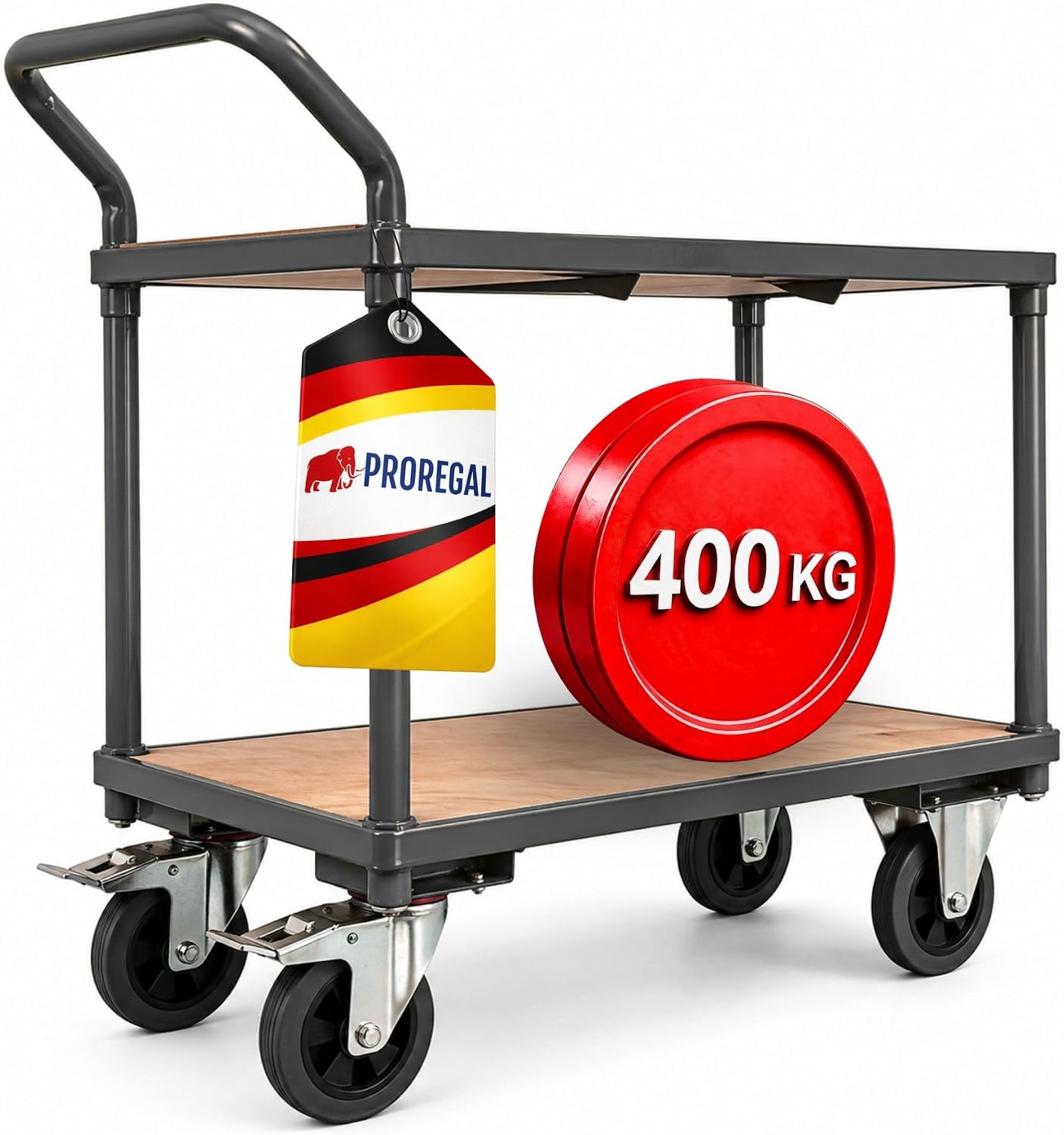 PROREGAL Tischwagen Transportwagen Handwagen Materialwagen Pro mit 2 Etagen, HxBxT 95 × 50 × 97 cm, Traglast 400 kg