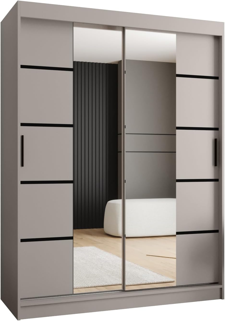 Kryspol Schrank, Kleiderschrank 150 cm Breit x 200 cm(H) x 62 cm(T), Stauraum, 2 Türen, Schiebetürenschrank Rubino V4 150, Farbe Kaschmir
