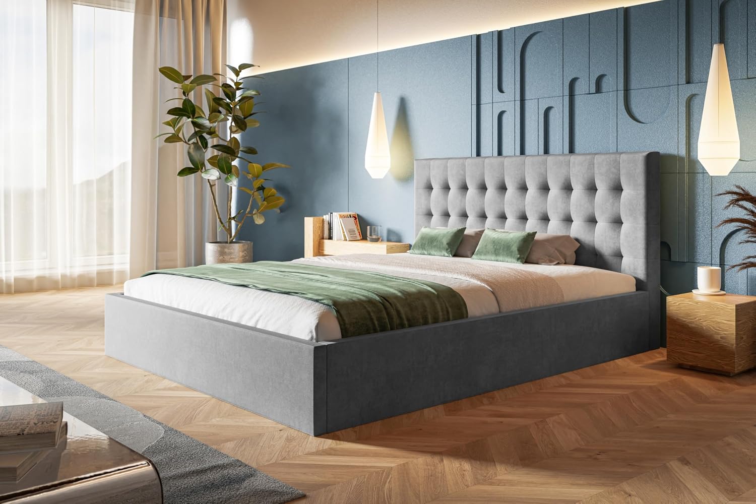 Bett 160 × 200, Stauraum, Polsterbett mit Bettkasten und Holzrahmen