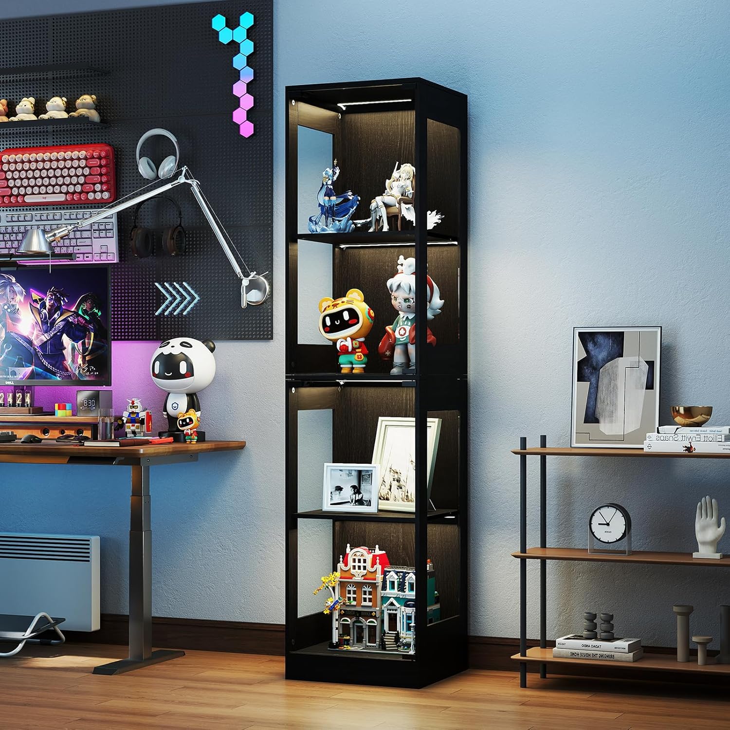 YU YUSING Vitrine mit LED Beleuchtung und Glastüren Schrank, je 15 kg Tragkraft, LED-Beleuchtung