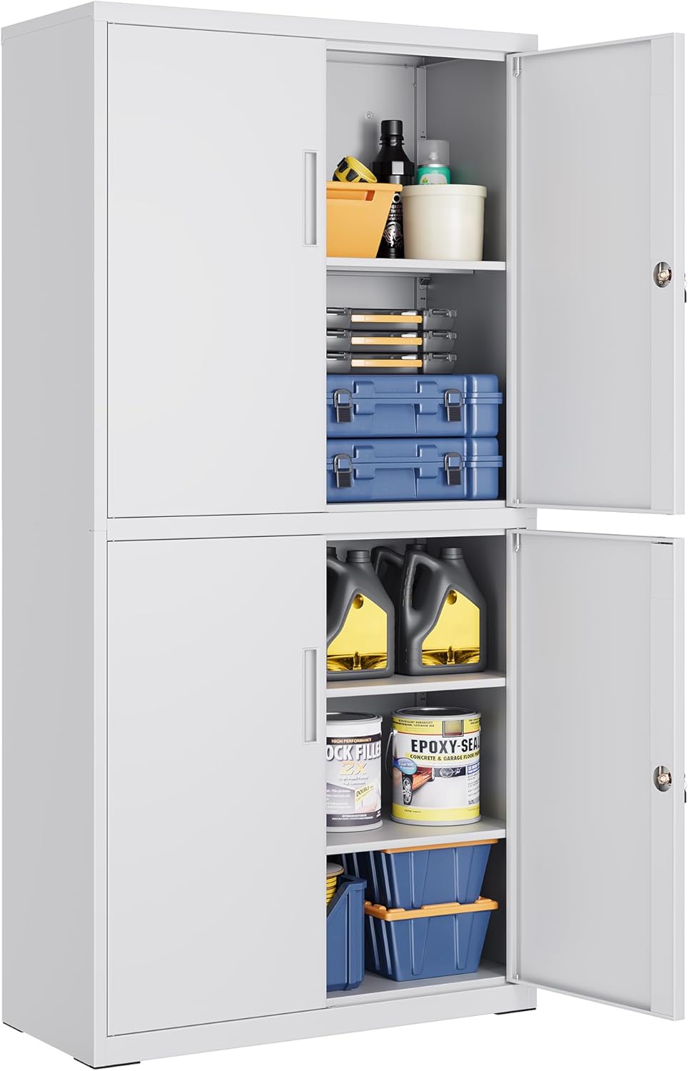 SONGMICS Aktenschrank, 40 × 80 × 180 cm, 4 Türen und 5 Ebenen, 2 Schlösser, verstellbare Ablagen, mattgrau OMC016G01