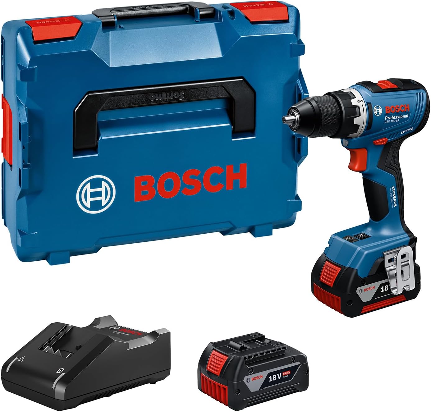 Bosch Professional 18V System Akku-Bohrschrauber GSR 18V-65 (bürstenloser Motor, Kopflänge 166, 2x Akku GBA 18V 5.0Ah, Ladegerät GAL 18V-40
