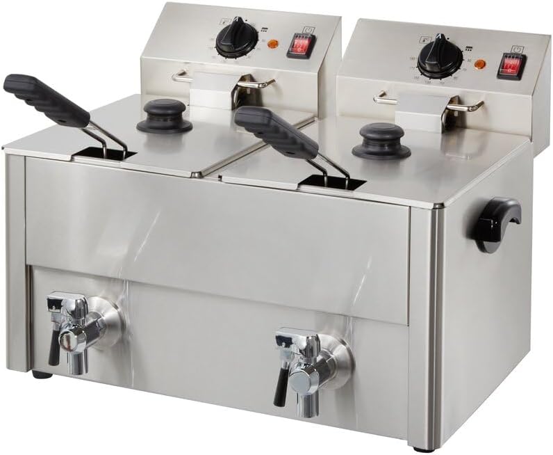GastroHero ECO Doppel-Elektrofritteuse für Gastronomie, 2 × 10 l, 60–190 C, getrennte Thermostate, Ablasshähne, Überhitzungsschutz