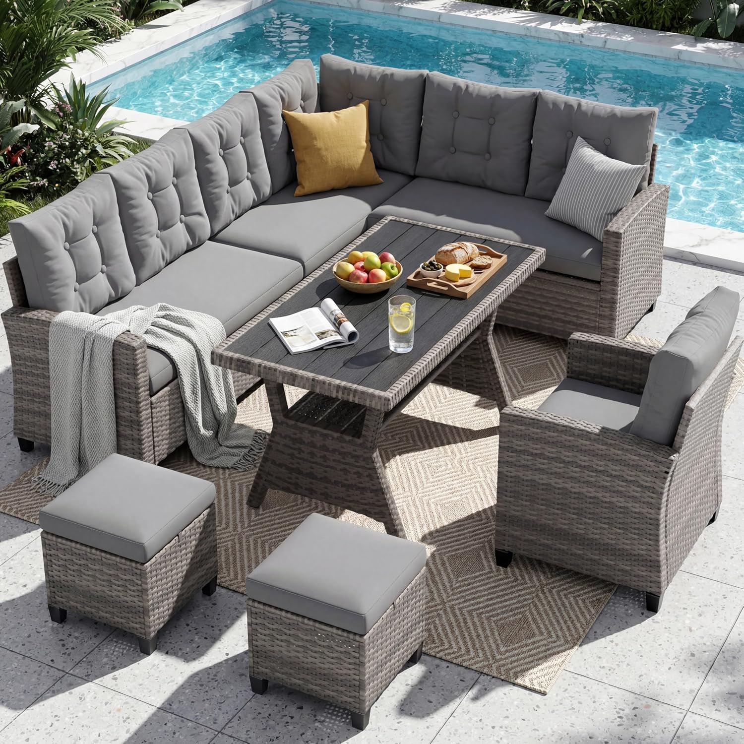 UDPATIO Rattan Gartenmöbel, Sessel & 2 Hocker, Wetterfest bis 8 Personen, wetterbeständig