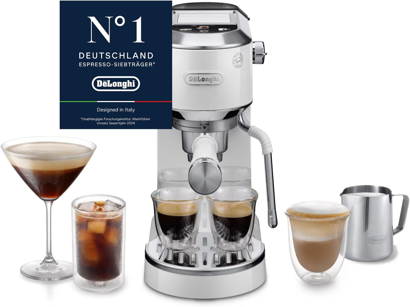 De'Longhi Dedica Duo - Perfetto Kompakte Siebträgermaschine Espressomaschine, 15 cm breit, Cappuccino und Cold Brew, Weiß (EC890. WI)