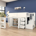 Merax Kinderbett Halbhochbett 90 × 200 cm, Weiß/250 × 95 × 111 cm, Hochbett mit Treppe Staufach Stauraum