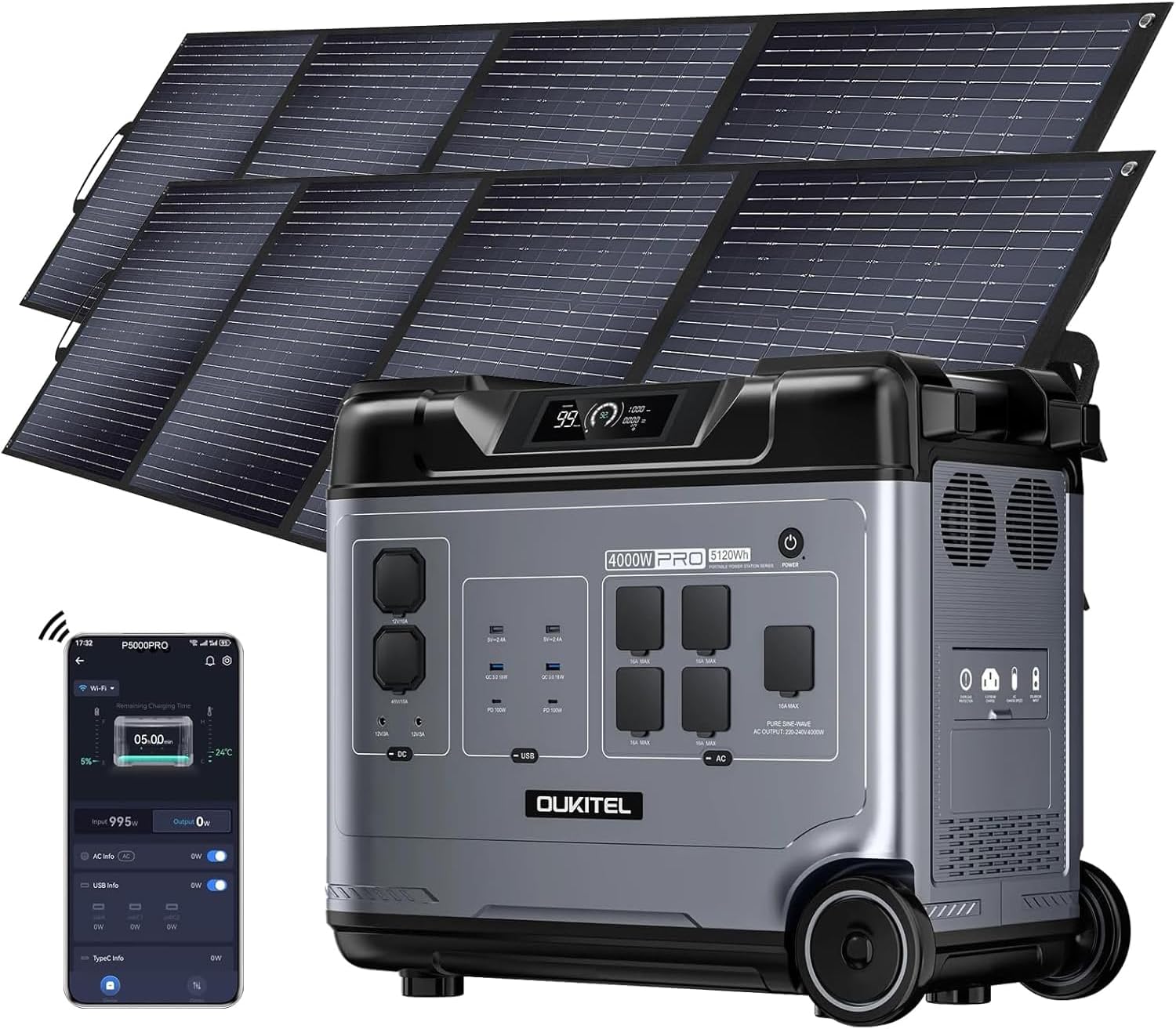 OUKITEL P5000 Pro 4000 W Tragbare Powerstation mit 2 Kaffeemaschine, 400 W, APP, 5120Wh Solar Generator, LiFePO4 Batterie, 1,2 Std Vollladung