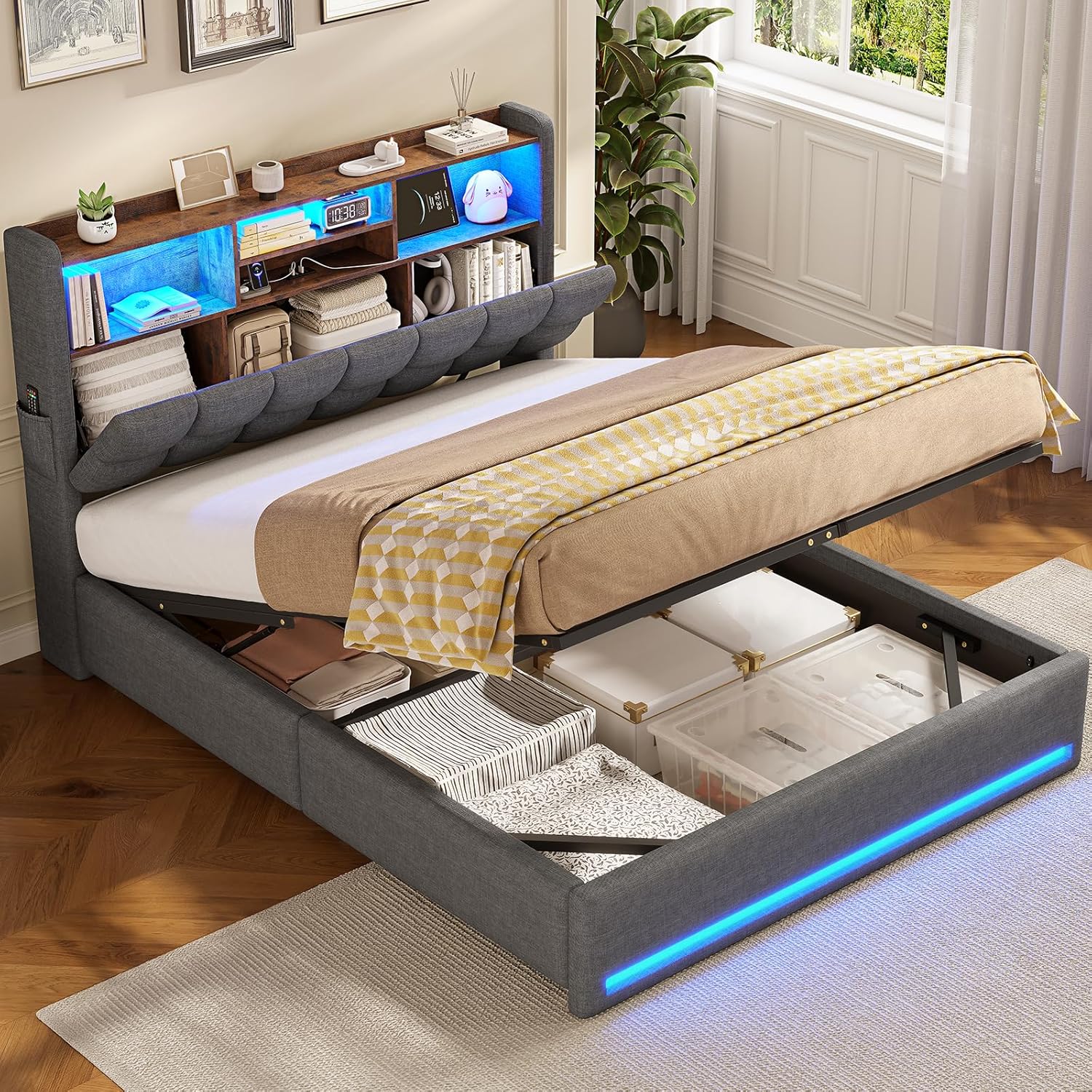 AOGLLATI Polsterbett, 140 × 200 cm), Fernbedienung, App-Steuerung, LED-Beleuchtung, Stauraum