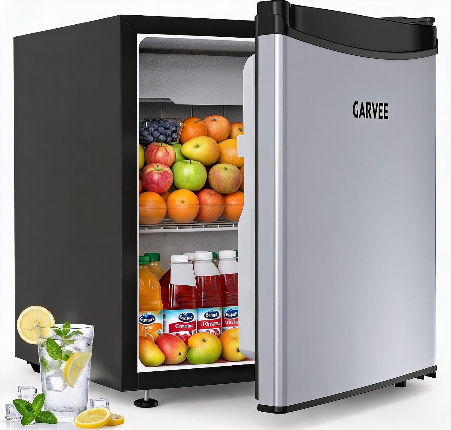 Garvee Leiser Mini Kühlschrank, 41 dB, 45 L, Edelstahlfront, 5 Temperaturstufen (0-18 ), Gemüseschublade, verstellbare Füße, Schnellkühlen