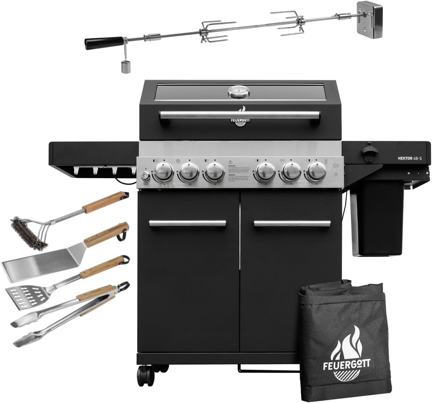 Gasgrill Hektor 4B-S inkl. Drehspieß, All Inclusive mit 4 Grill-Utensilien, 4 Brenner