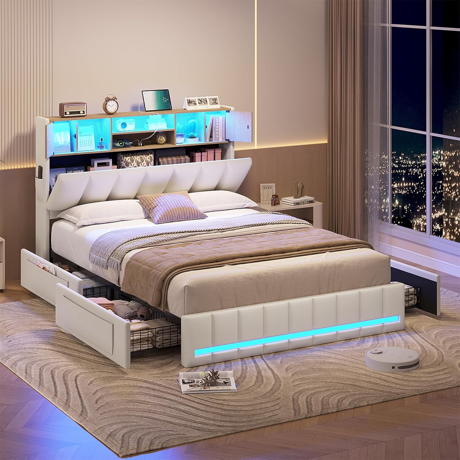 KIMENICH Bett, Bett mit LED-Beleuchtung, Metallrahmen & Holzkopfteil mit Stauraum, Fernbedienung, App-Steuerung, 4 Schubladen