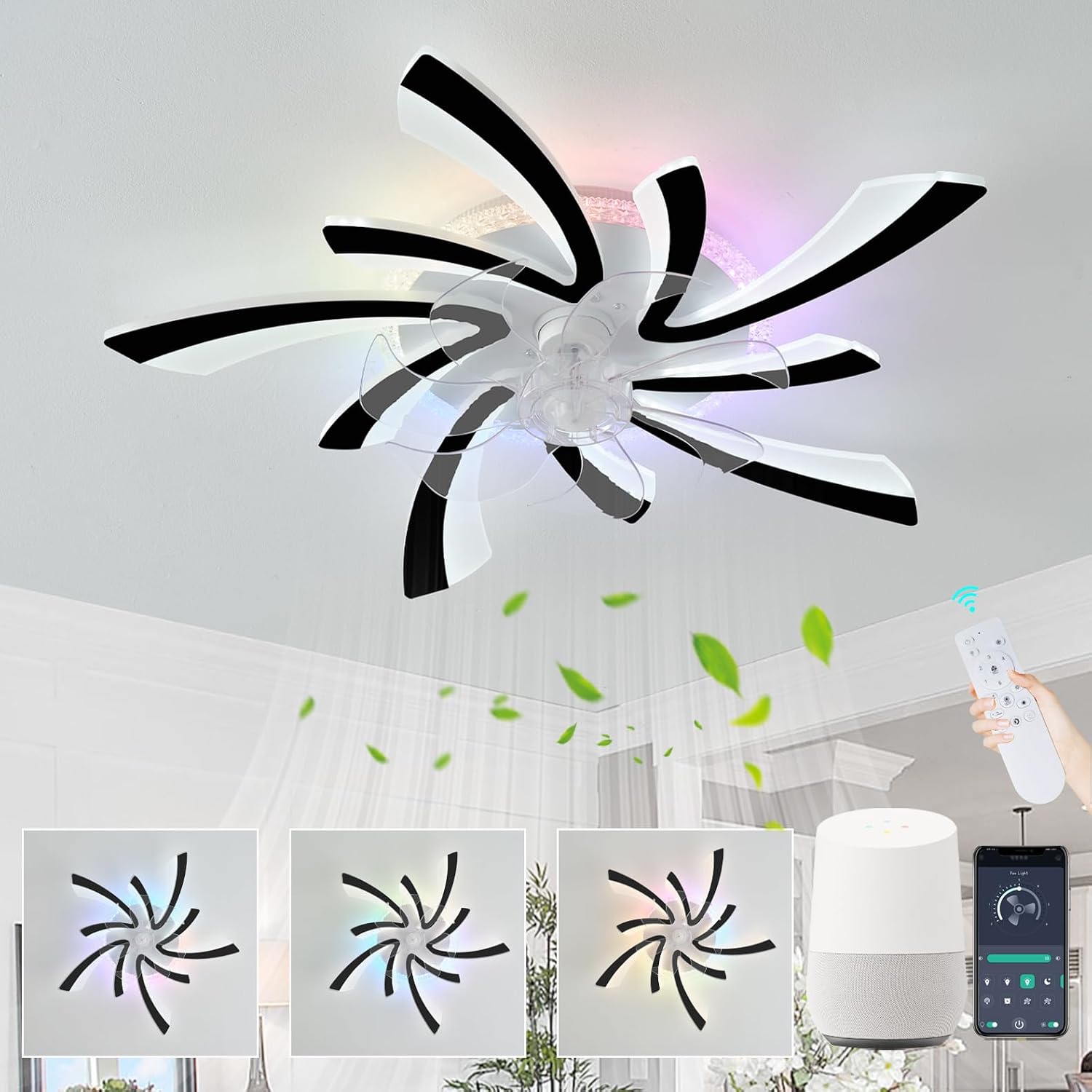 RGB Deckenventilator, Moderne Blume Ventilator Lampe LED Dimmbar, Fernbedienung, App-Steuerung, dimmbares Licht