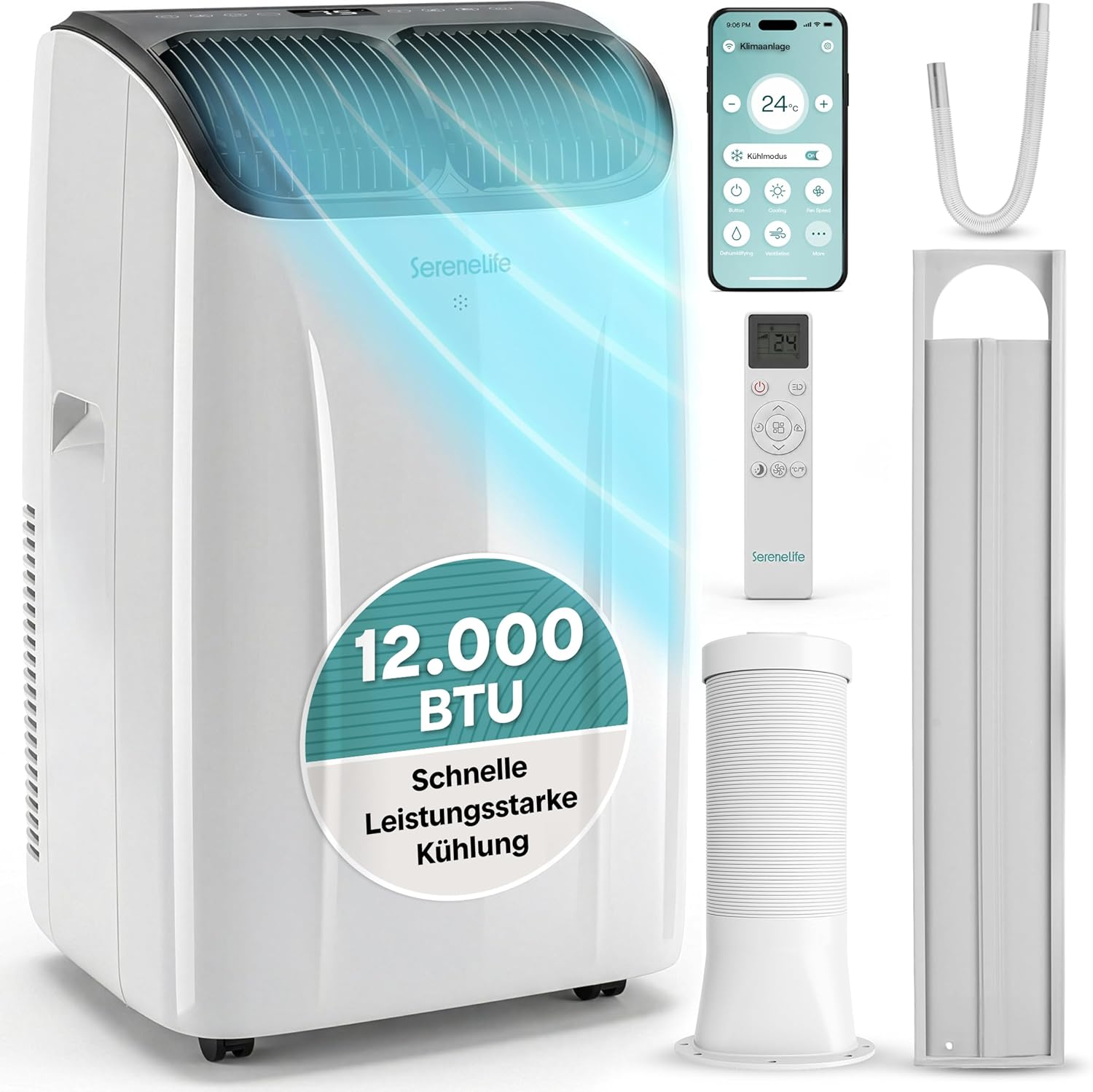 SereneLife Klimaanlage, 12.000 BTU, Fernbedienung, Timer, Kleine Klimaanlage für Zimmer bis 32 m², Kühlen, Entfeuchter & Ventilator, Entfeuchten