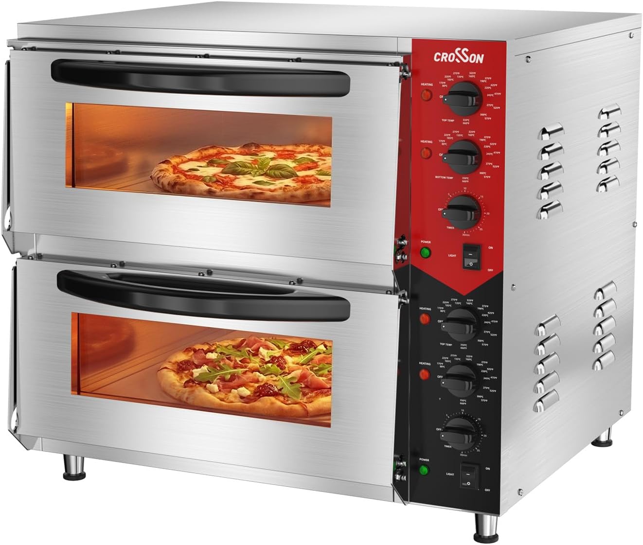 CROSSON Professional Doppel Pizzaofen mit 50 * 50 CM, 6000 W, 30-Minuten-Timer, Elektrischer Pizzaofen aus Edelstahl Temperatur bis 350