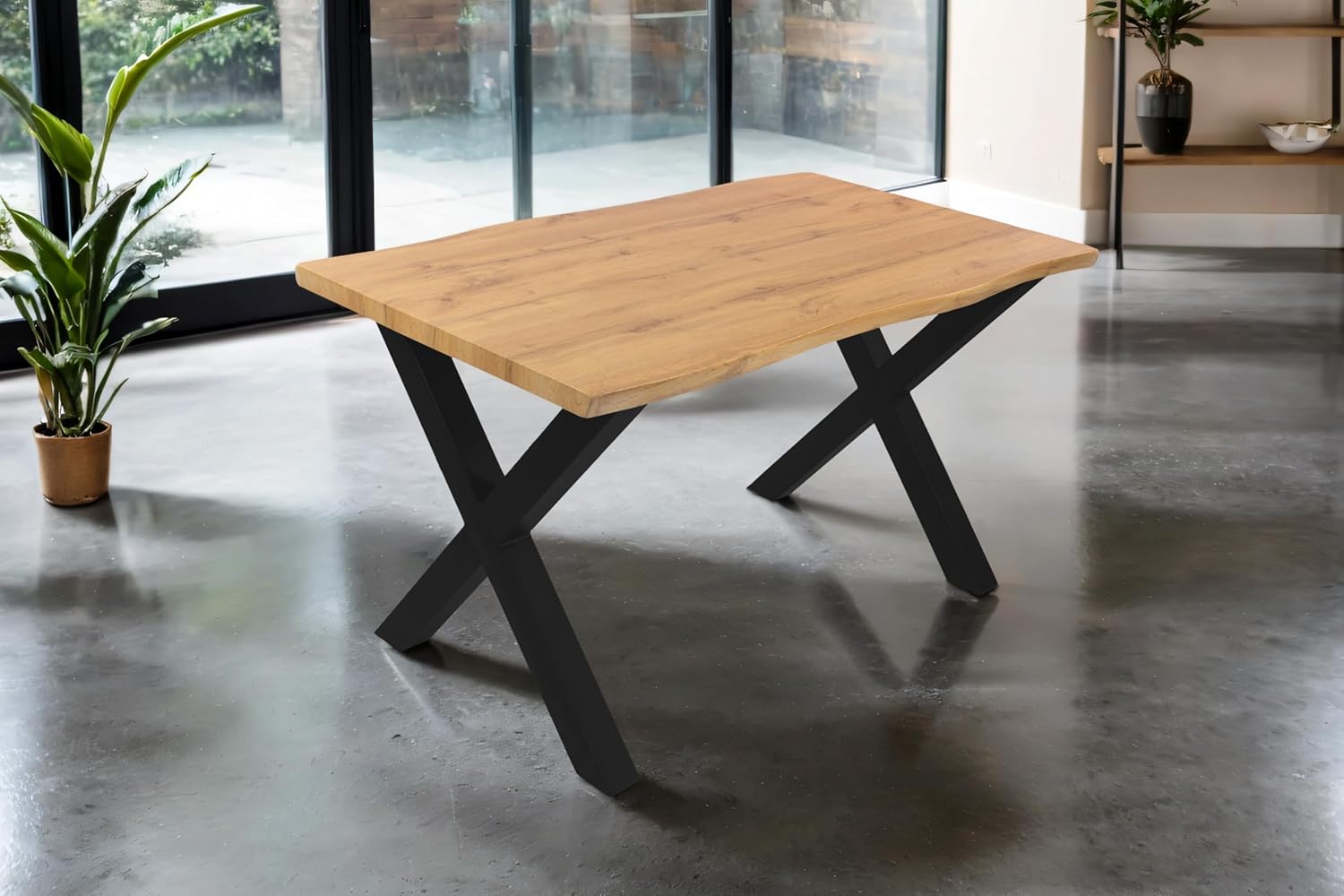SAM Esstisch, 120 × 80 cm, X-Gestell Metall schwarz, Holz Wildeiche-Optik, 40 mm Tischplatte mit Baumkante