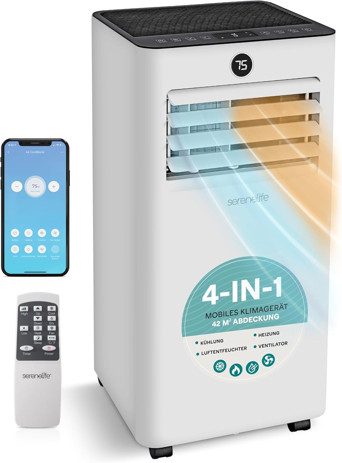 SereneLife Klimaanlage, 54 db, 7000 BTU für Räume bis 28 m², 24h- Timer, Fernbedienung, App-Steuerung, Entfeuchten, Ventilator für Räume bis 28 m²