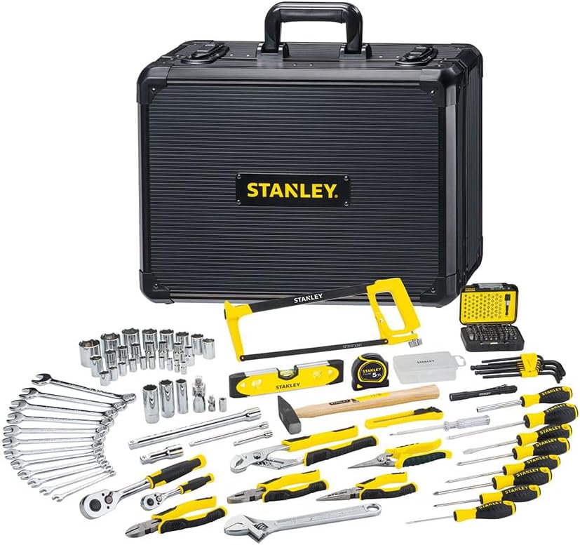 STANLEY STMT98109-1 Wartungskoffer mit 142-teiligem Werkzeug-Set, 4 Fächer, Aluminiumkoffer, Zangen, Schlüssel, Säge und Wasserwaage