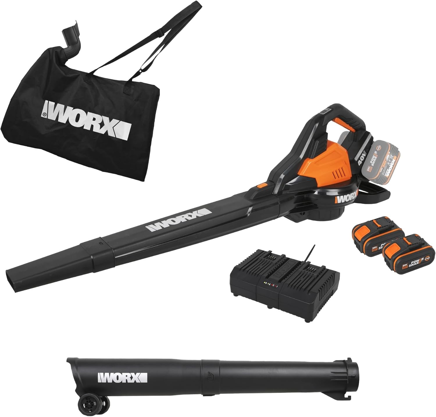 WORX WG583E Akku-Laubbläser/Laubsauger 40V Staubsauger, 3-in-1 Multifunktion zum Laub Zusammenkehren, Luftgeschwindigkeit 335 km/h