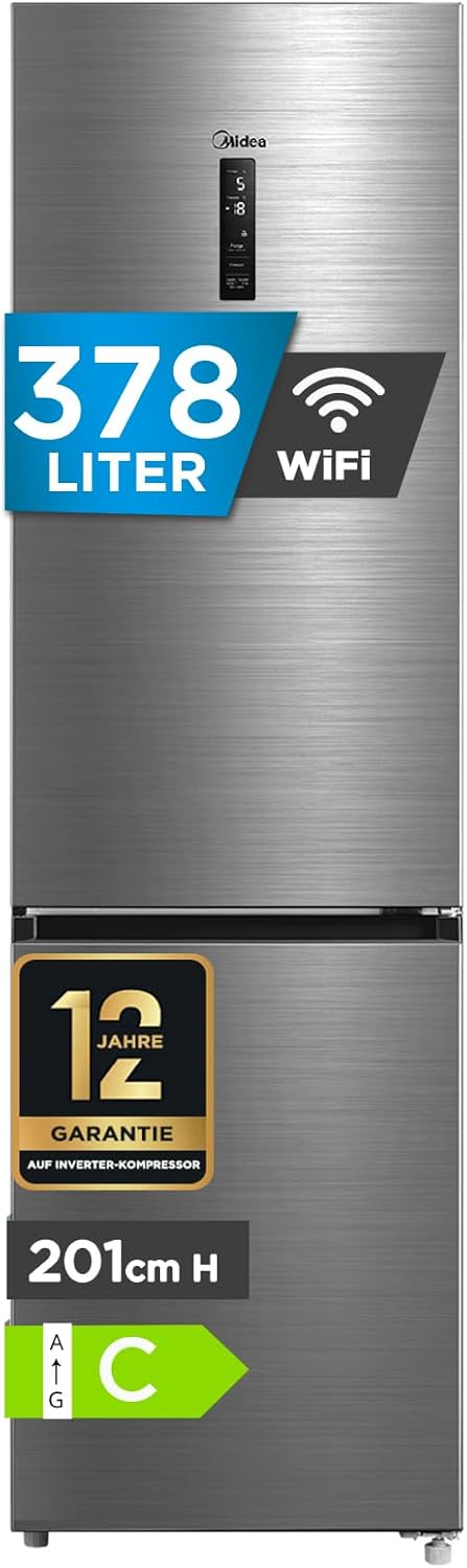 Midea MDRB521MIC46A Kühl-/Gefrierkombination, 59,5 cm breit /70 cm tiefe/177 kWh/Jahr/256 L Kühlteil/122 L Gefrierteil, 38 dB, 378 L, NoFrost