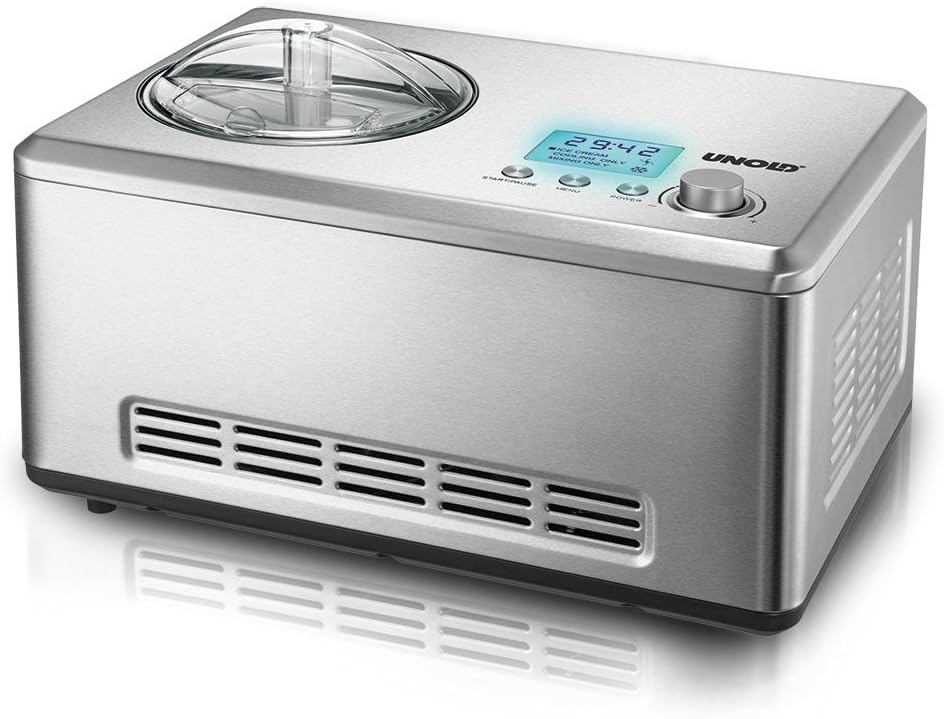 Unold 48876 Eismaschine, 2 Liter, Volumen für 2,0 Liter Eiscreme, LCD-Display, Timer, Edelstahl, 180 Watt