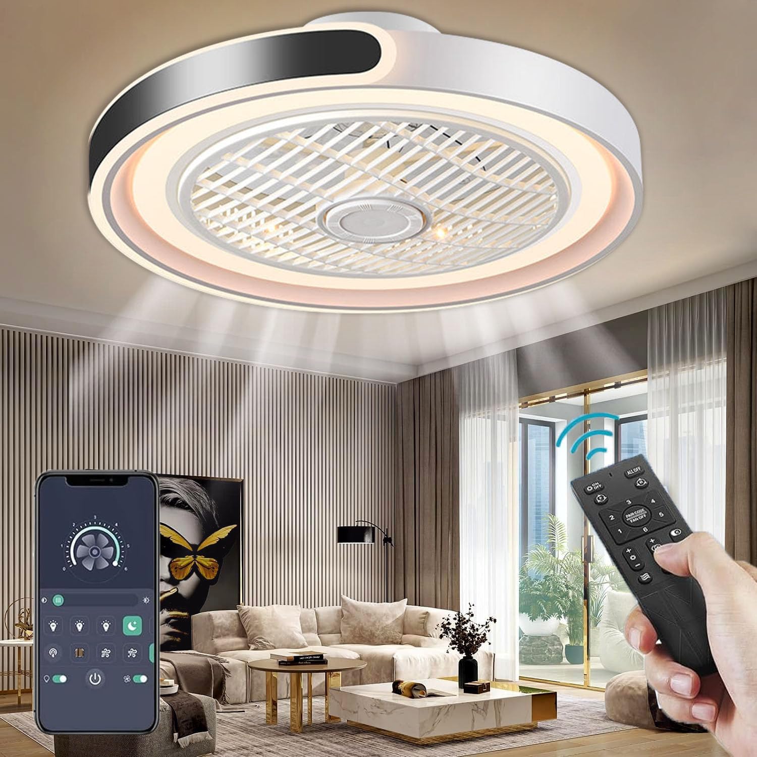 Deckenventilator mit Licht und Fernbedienung, 70 W/7000lm dimmbare LED, 35 dB leise für Wohnzimmer/Schlafzimmer/Esszimmer, App-Steuerung
