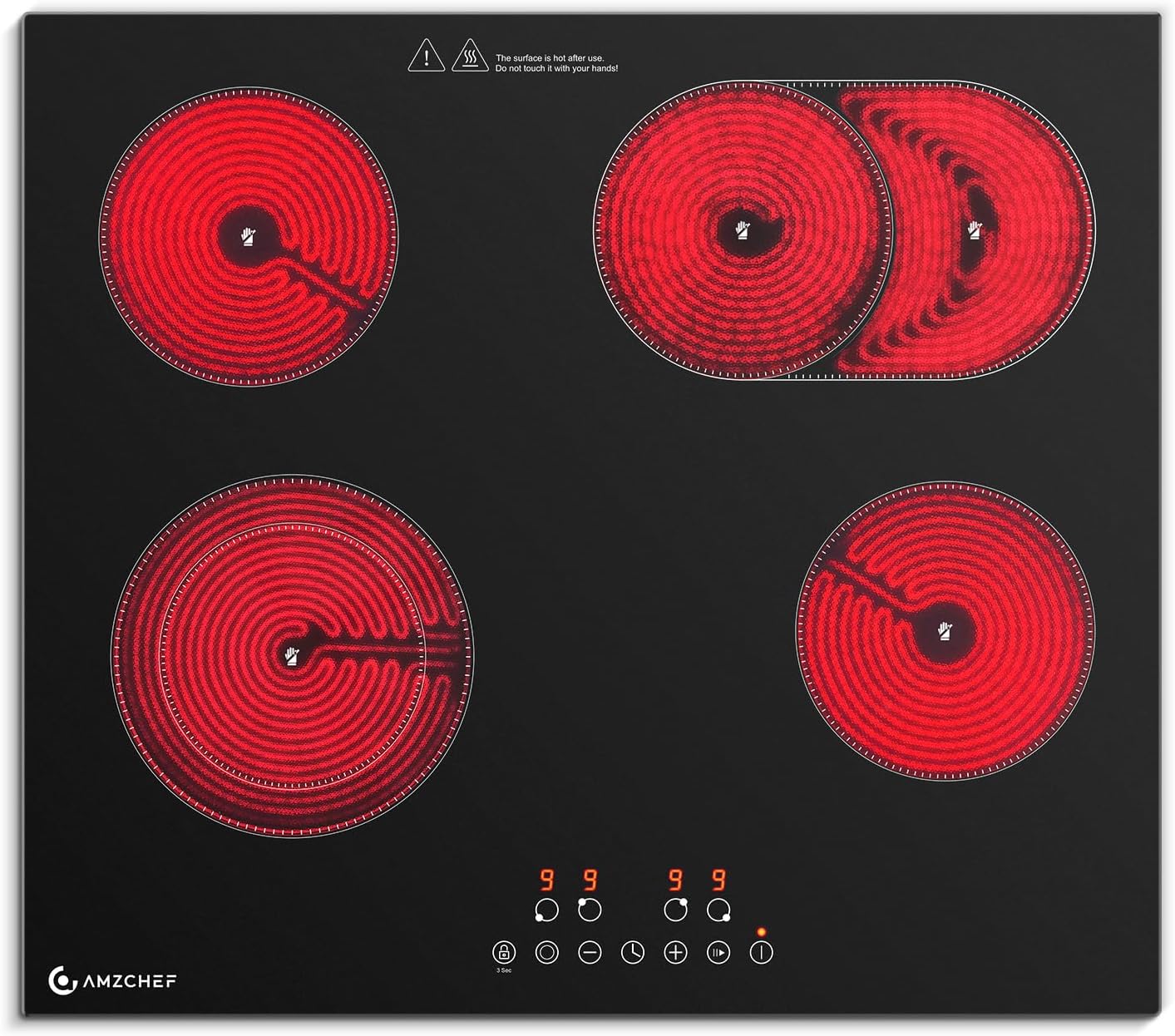 AMZCHEF Glaskeramikkochfeld 4 Platten 7200 W, Herdplatte 4 Kochfelder 60 cm, Timer, Display, 9 Leistungsstufen
