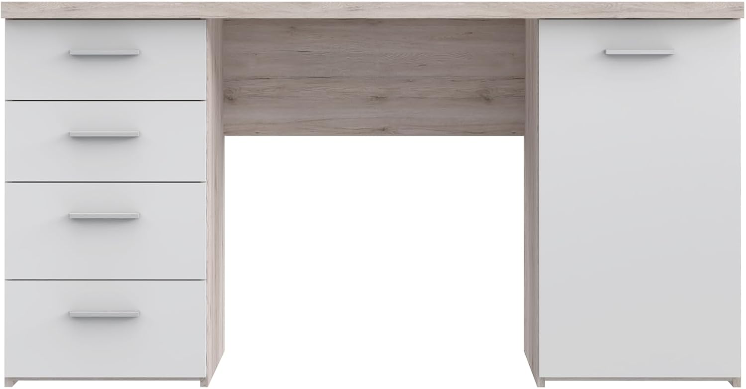 Forte NET106 Schreibtisch, 145 cm breit x 60 cm tief x 76,3 cm hoch, Stauraum, Praktischer Schreibtisch mit 4 Schubladen und 1 Tür, Holzwerkstoff
