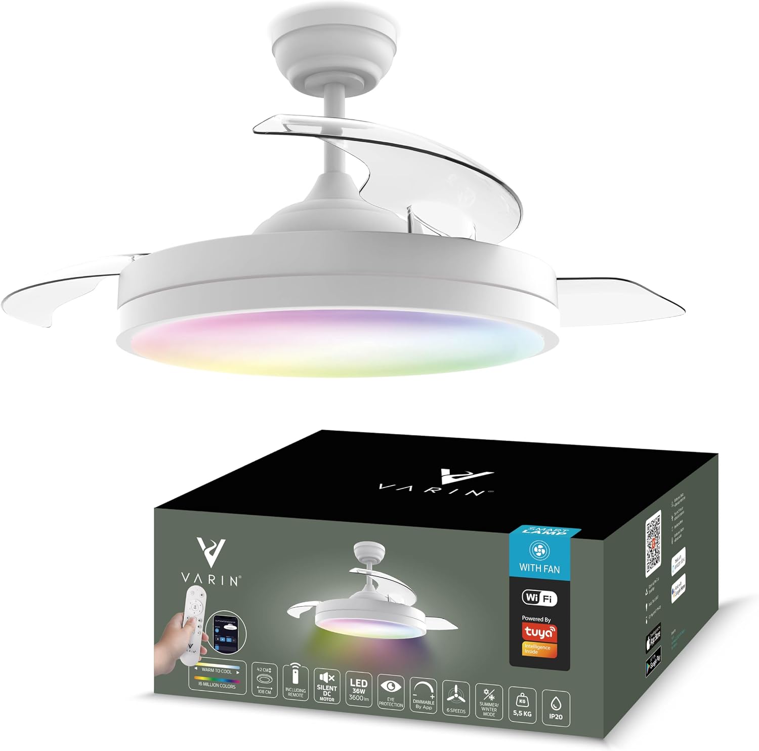 Varin Smart Deckenventilator, LED 36 W RGBW, Ø 50 cm/108 cm, Tuya WLAN, Fernbedienung, App-Steuerung, Timer