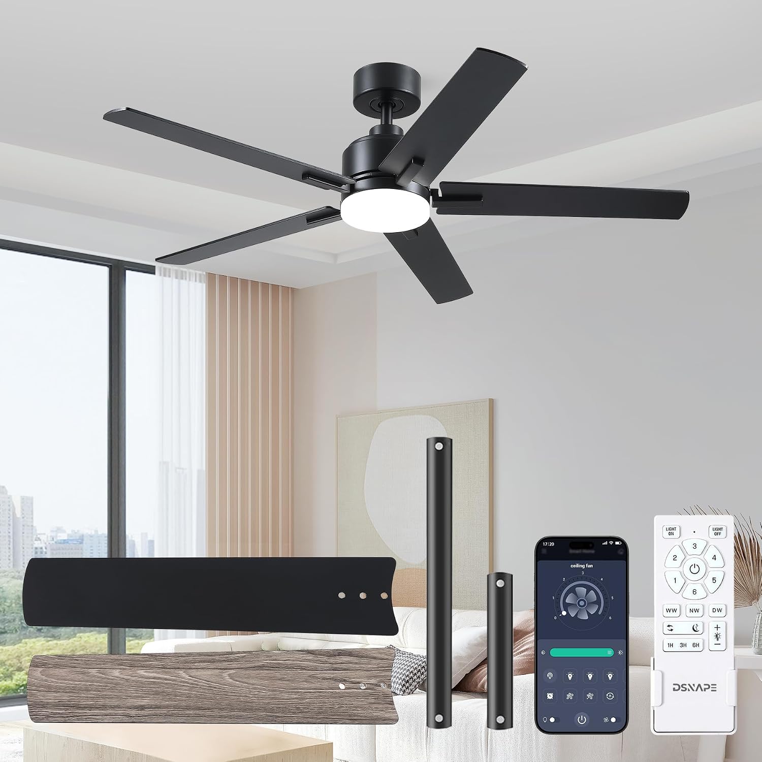 Deckenventilator mit Beleuchtung 132 cm, 30 dB, Ventilator Lampe mit Fernbedienung und APP, Timer, App-Steuerung, 5 Flügelblatt, Vor- und Rücklauf