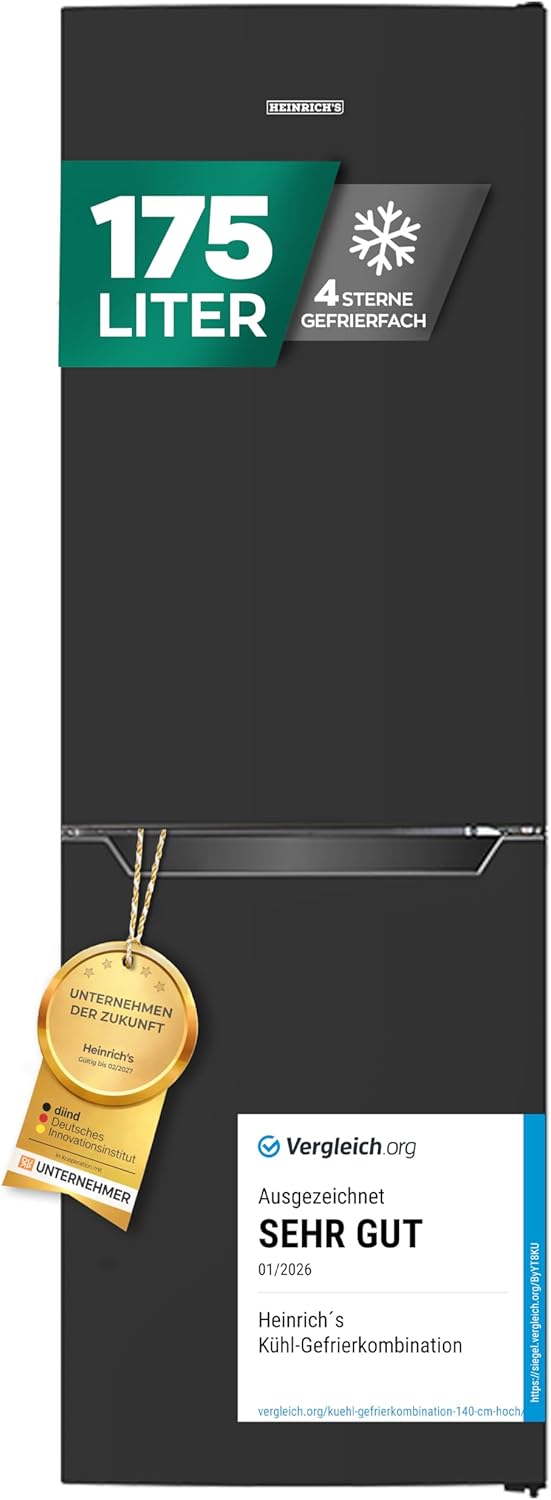 Heinrich´s Kühlgefrierkombination 175Liter, XXL, kühlschrank, leise 39 dB, LED-Beleuchtung, kühlschrank mit gefrierfach, Kühlvolumen 122L