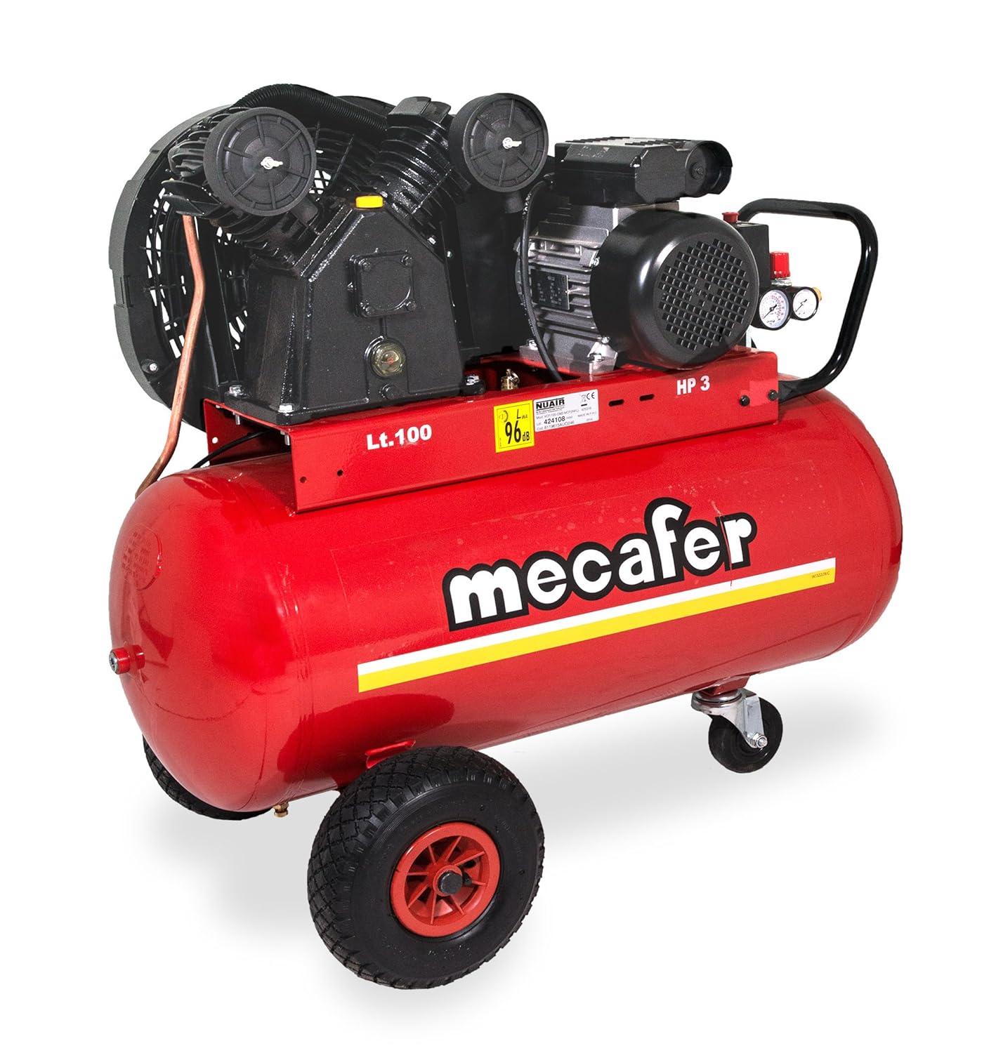Mecafer 425316 fahrbarer Kompressor, 100-l-Kessel, 3 PS/2,2 kW, 2-Zylinder-V-Pumpe, Riemenantrieb, 9 bar, 360 l/min