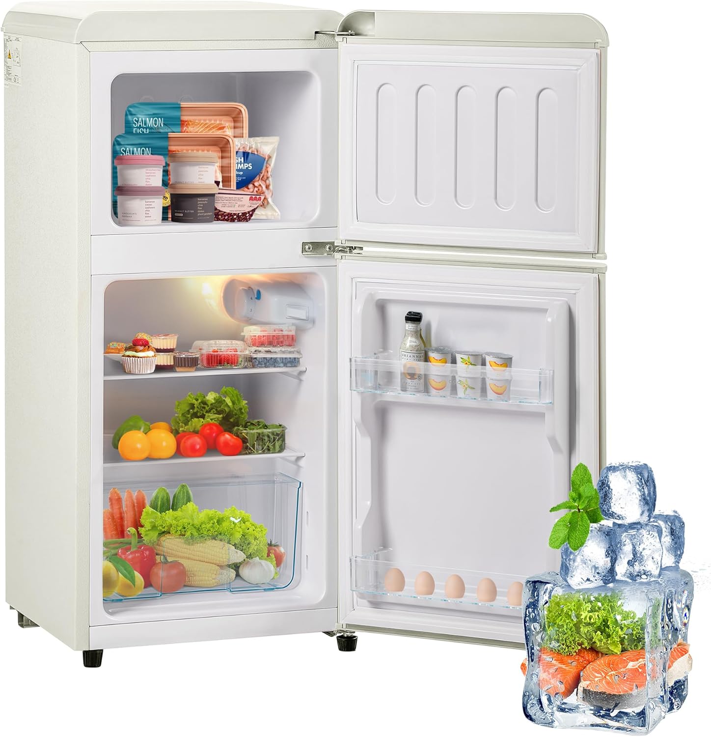 Merax Retro Kühlschrank, 22 Liter Gefrierfach, 38 Liter Kühlfach, LED-Beleuchtung, Stauraum, 60L Mini-Kühlschrank mit Gefrierschrank, 102 kWh/Jahr