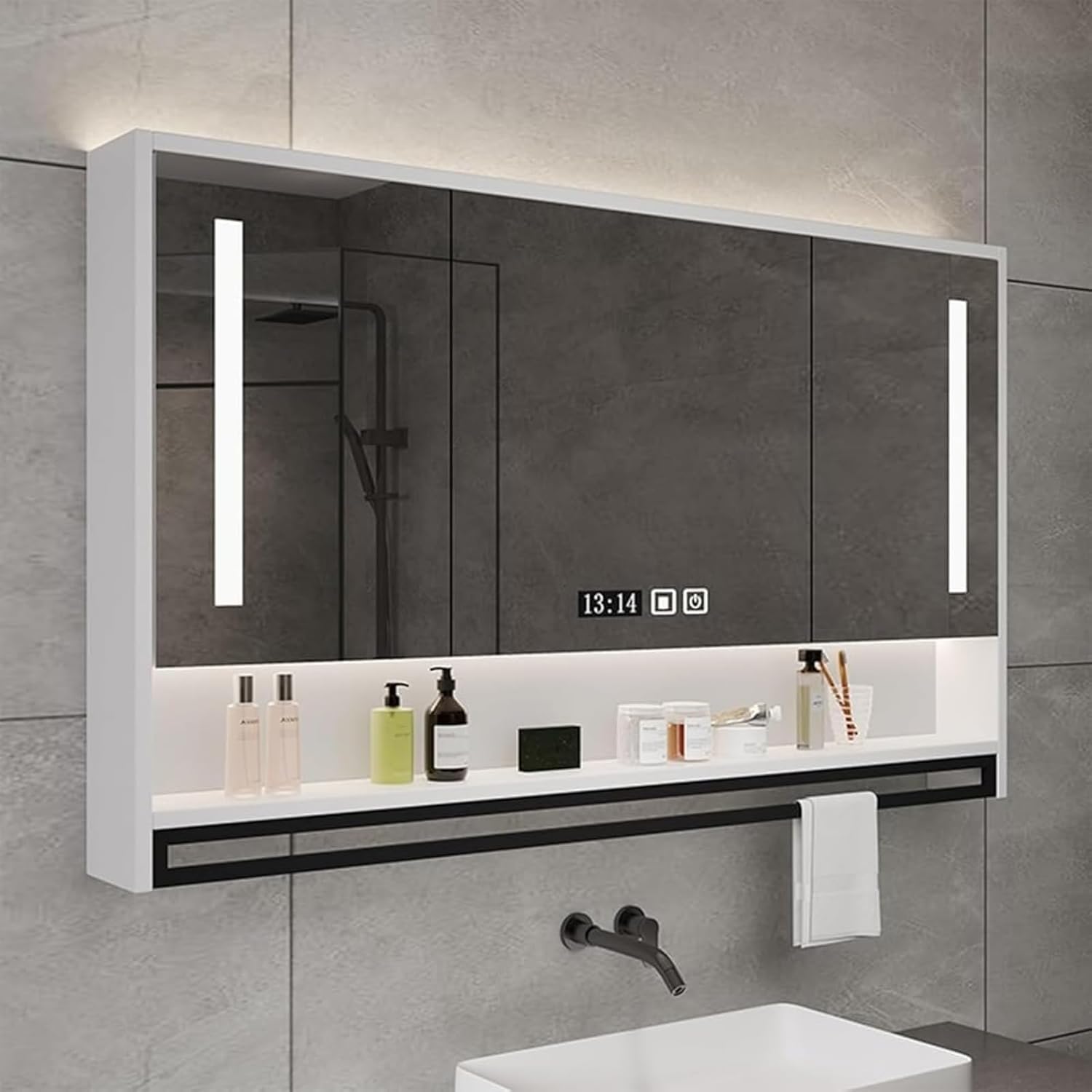Badezimmerspiegel 3 Türen Badezimmerspiegelschrank Mit LED-Leuchten Wandmontierter, 100 cm, Stauraum, verstellbar