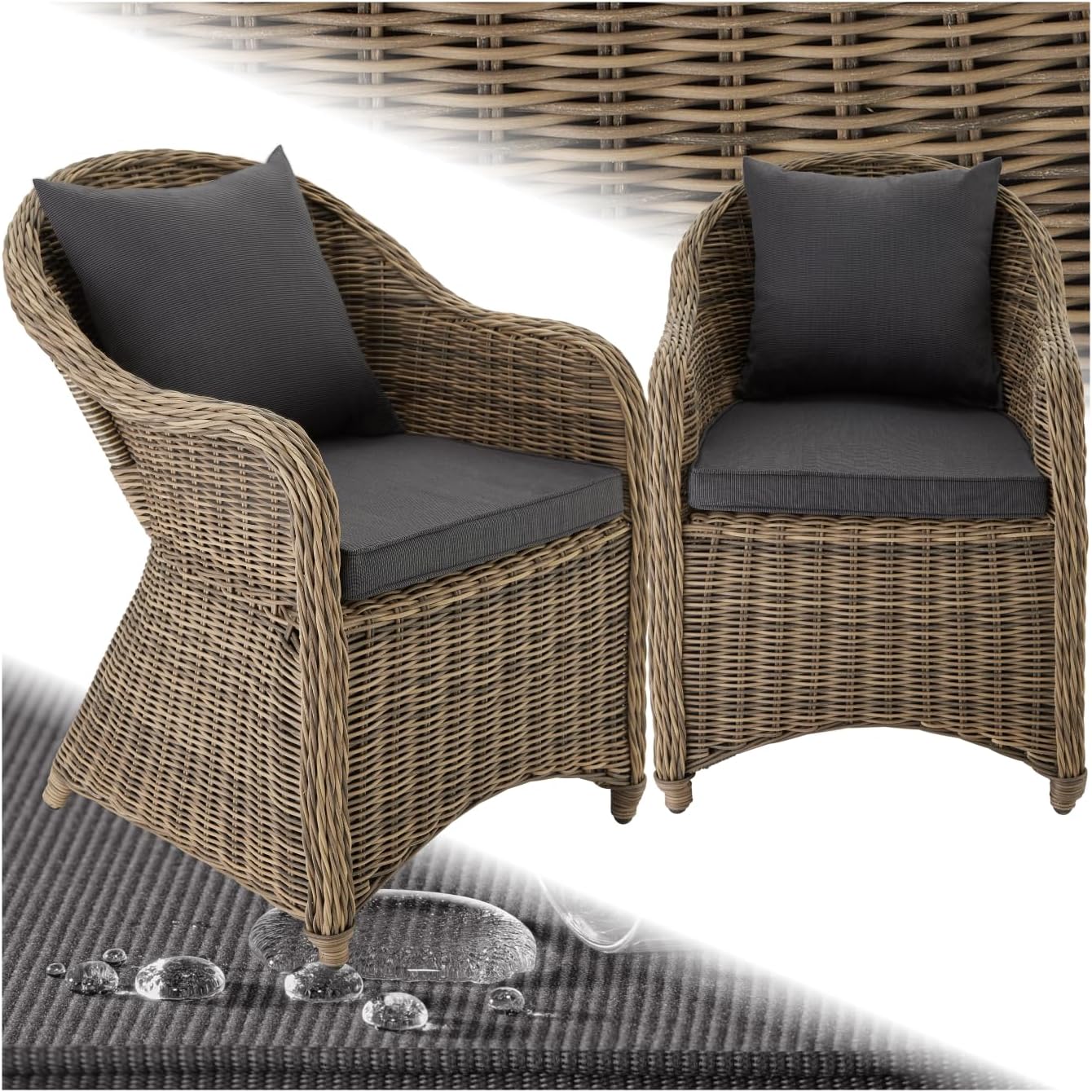 tectake Alu Polyrattan Gartenstuhl, Gartenmöbel Set mit 2 Sessel, wetterfest, Rattan Gartensessel mit weichen Sitzpolster, wetterbeständig