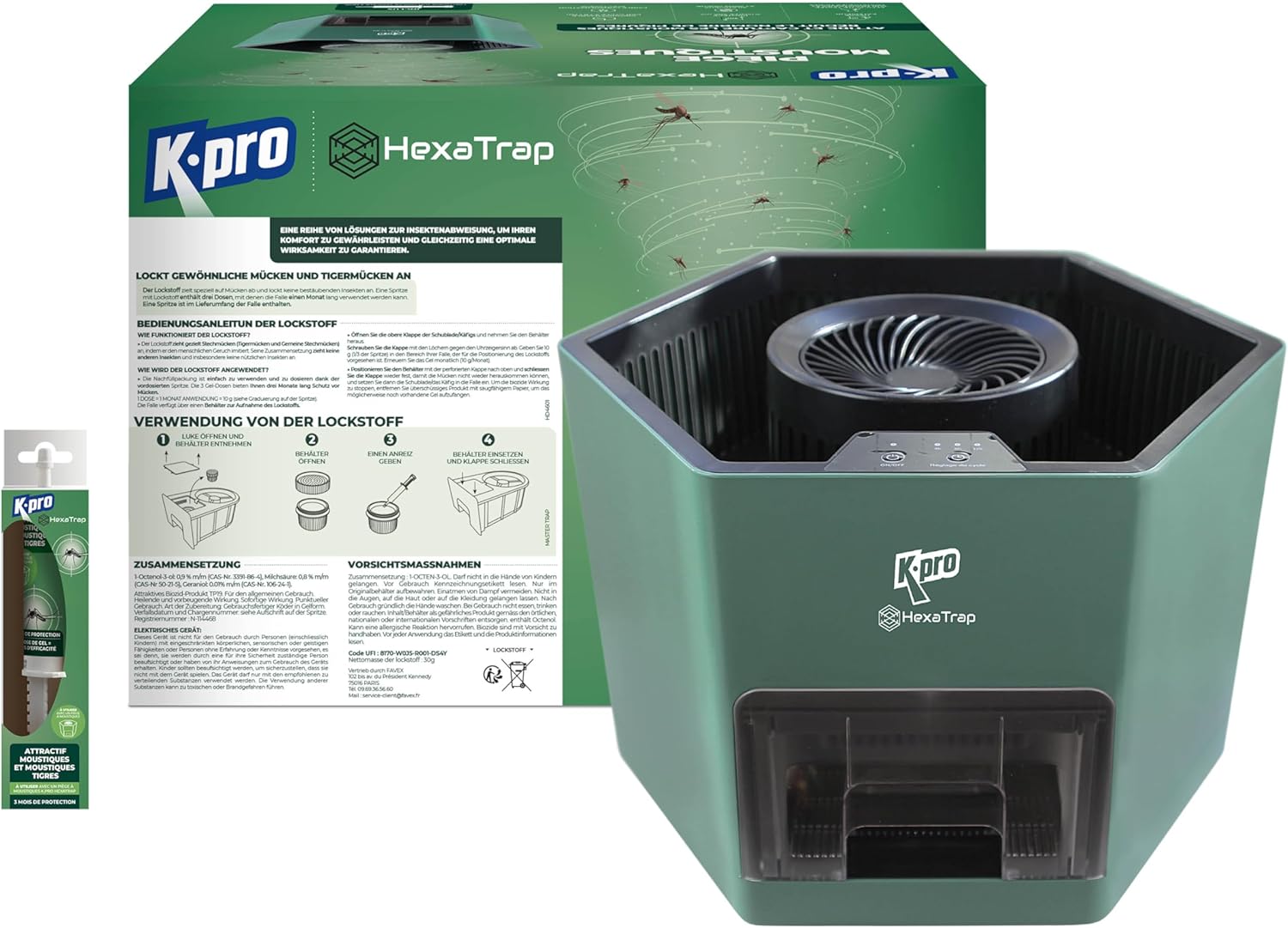 K.PRO Hexatrap elektrische Mückenfalle für Terrasse, Garten und Balkon, für Mücken und Tigermücken, geruchsarm, inkl. Lockstoff-Spritze