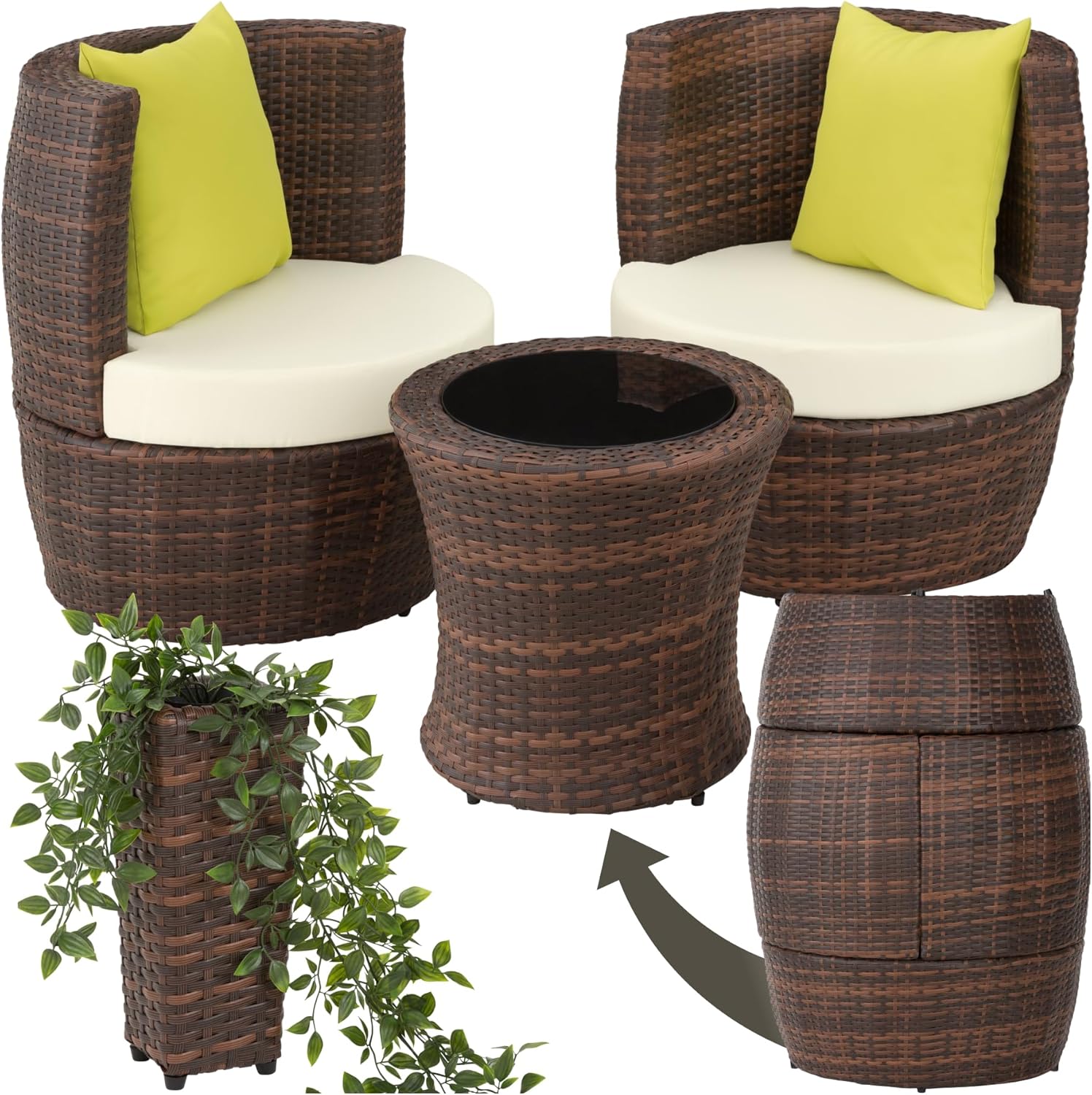 tectake Rattan Set 2 Personen, Balkonmöbel, Aluminium Gartenmöbel, Stauraum, Outdoor Sitzgruppe mit 2X Stuhl, 1 Beistelltisch rund, wetterbeständig